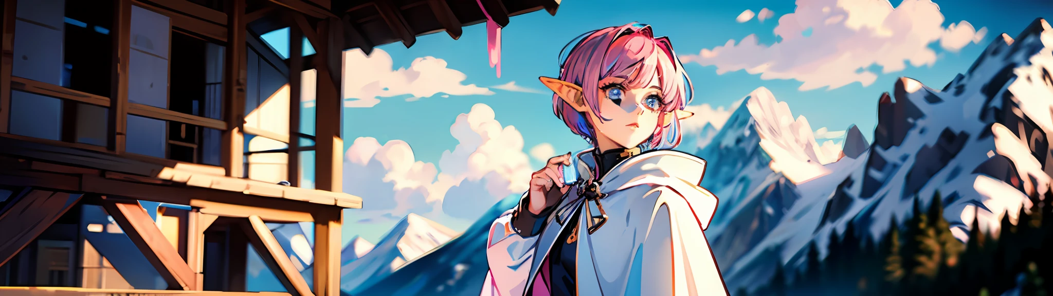 "(Ultra High Quality),(Ultra High Definition),(Superb Masterpiece),(Elf Woman with Beautiful Pink Bob Hair: 1.3)", 158cm Tall, (White Cloak: 1.2), Beautiful Eyes, ((View) Alpine Peak)", Long Shot