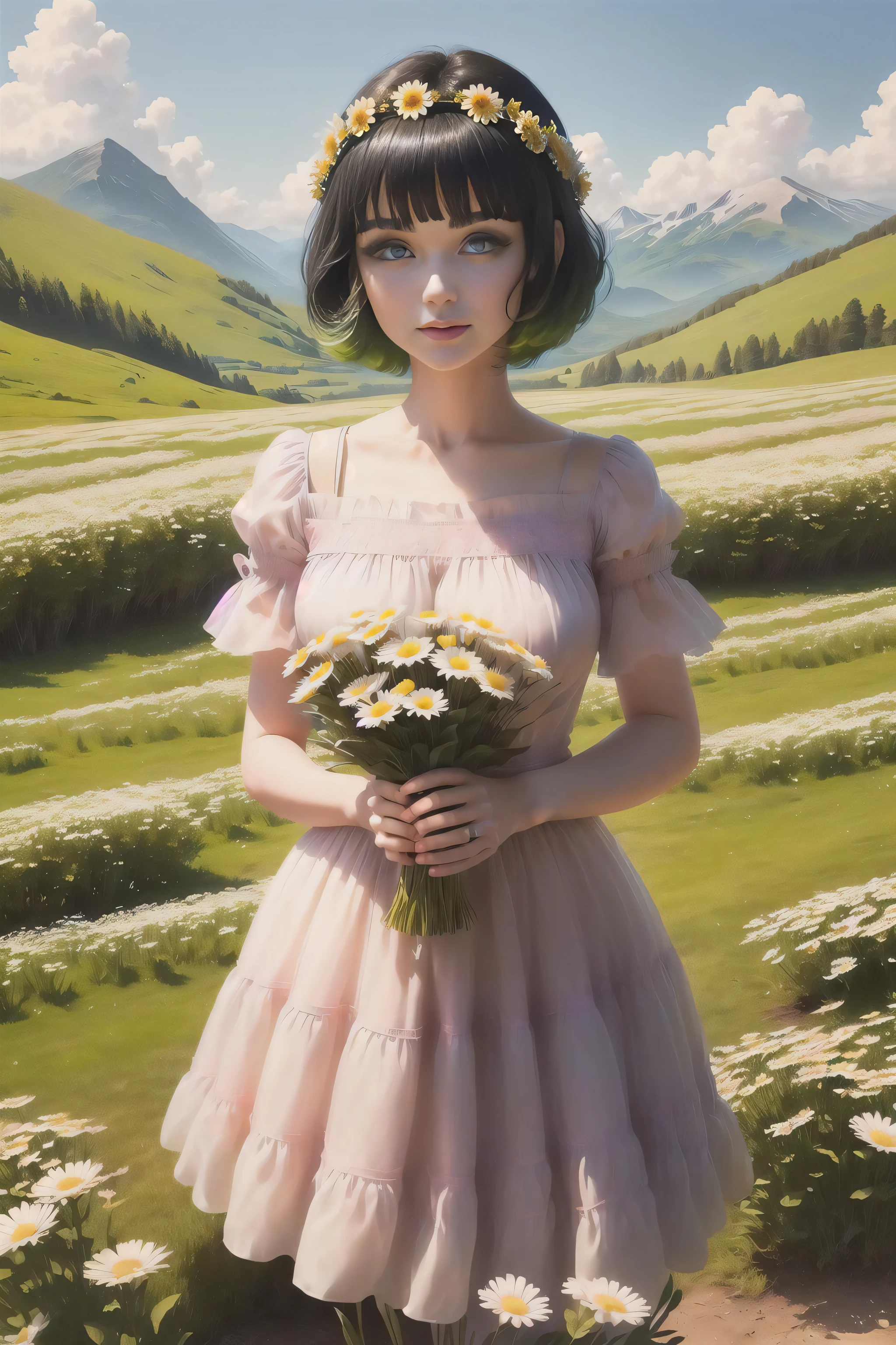 a girl standing and holding 40 piece daisy flowers in hand, ((short straight hair)), ((black hair, bangs)), ((green hair)), ((daisy crown)), ((big blue eyes)),  ((pink dress)), background flower field and moutain landscape, sky clear, sunny, many Cherry blossoms, cute pose, award winning photography,  ((beautiful detailed face)), ((beautiful detailed eyes)), ((happy 1.8))