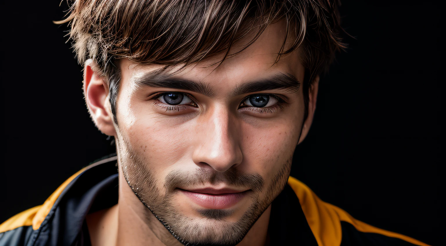 A portrait of a man, young, 30 years old, happy, with piercing eyes, detailed face, high details, photography, dark studio, rim light, Nikon D850, 50mm, f/1.4