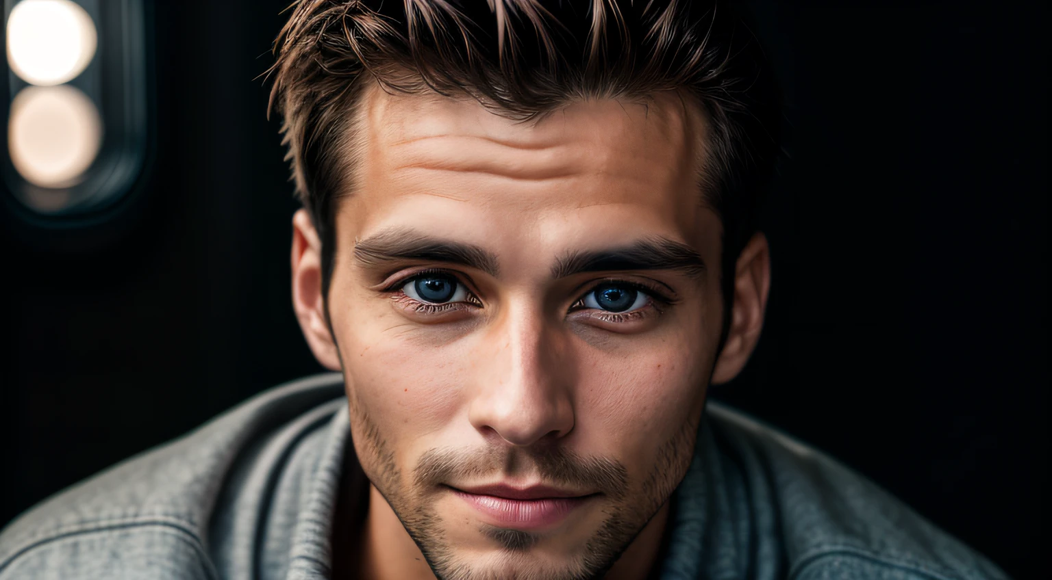 A portrait of a man, young, 30 years old, happy, with piercing eyes, detailed face, high details, photography, dark studio, rim light, Nikon D850, 50mm, f/1.4