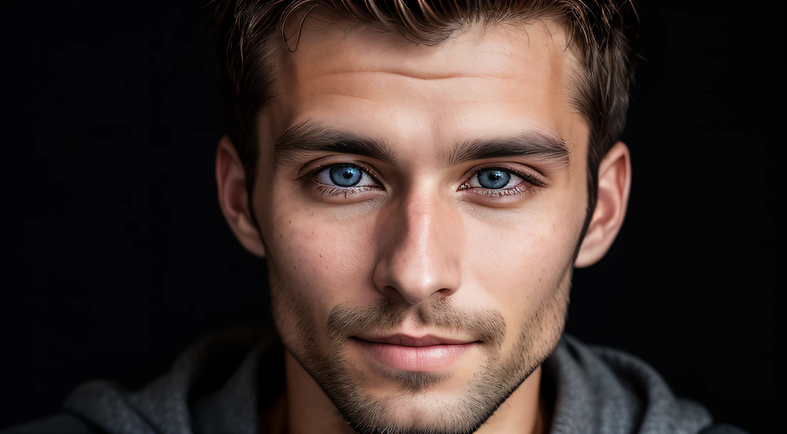 A portrait of a man, young, 30 years old, happy, with piercing eyes, detailed face, high details, photography, dark studio, rim light, Nikon D850, 50mm, f/1.4