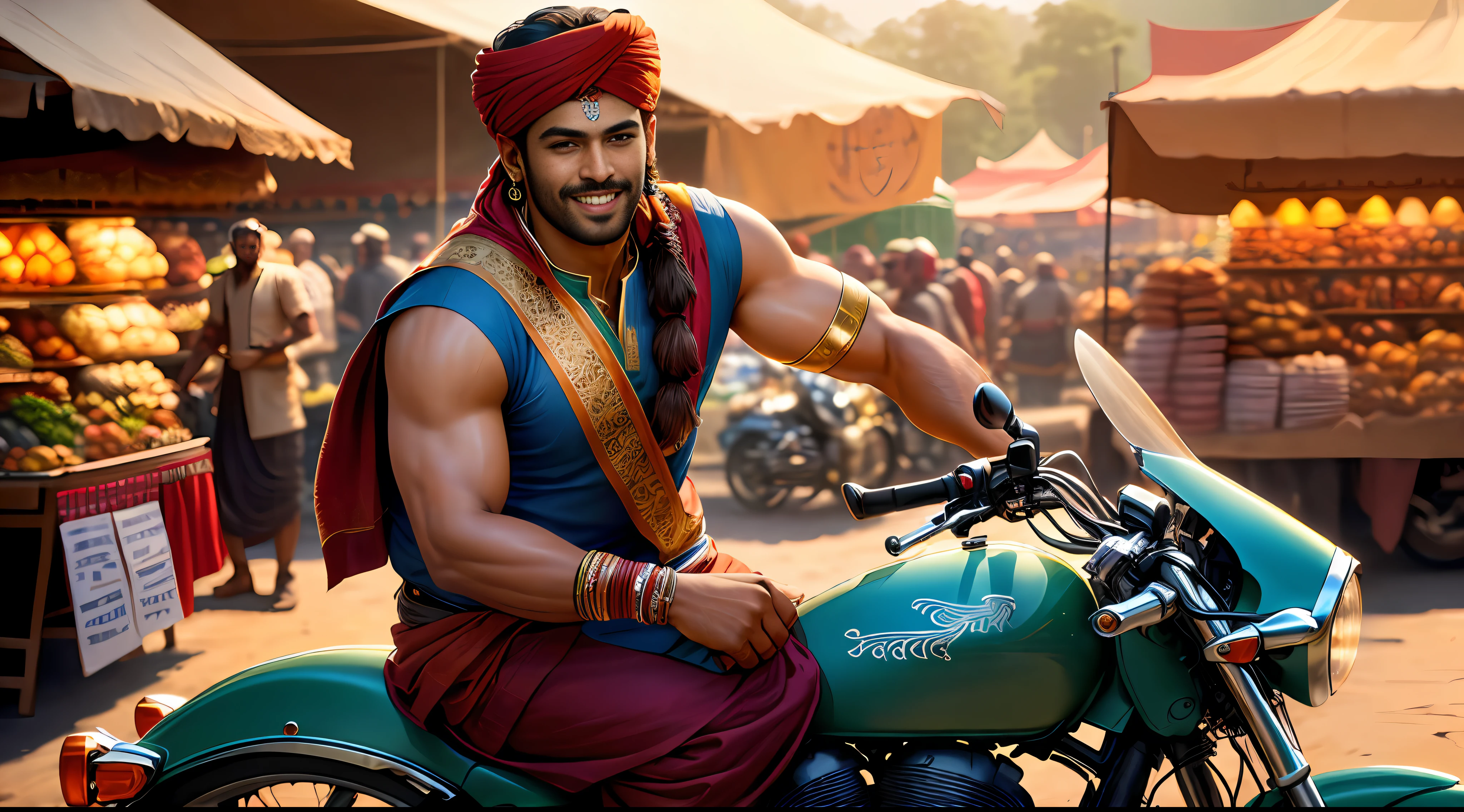 ((best quality)), ((masterpiece)), (detailed), 1boy, (Indian royalty:1.2), (Prabhas-Indian actor, riding a motorcycle:1.2), (busy Indian market at daytime:1.2), (photorealistic:1.3), (dark skin:1.1), perfect face, ((smiling and excited)), (ultra wide shot:1.2), (unreal engine:1.1), (8k resolution:1.2)