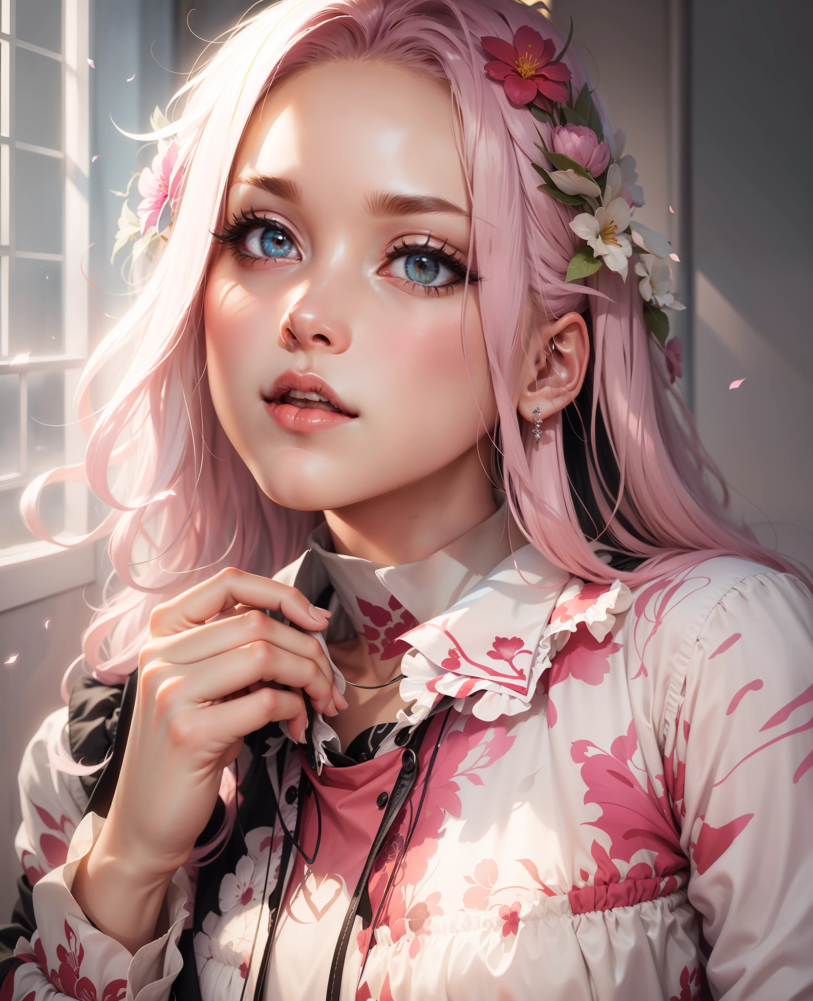 Long, beautiful hair with pink flowers