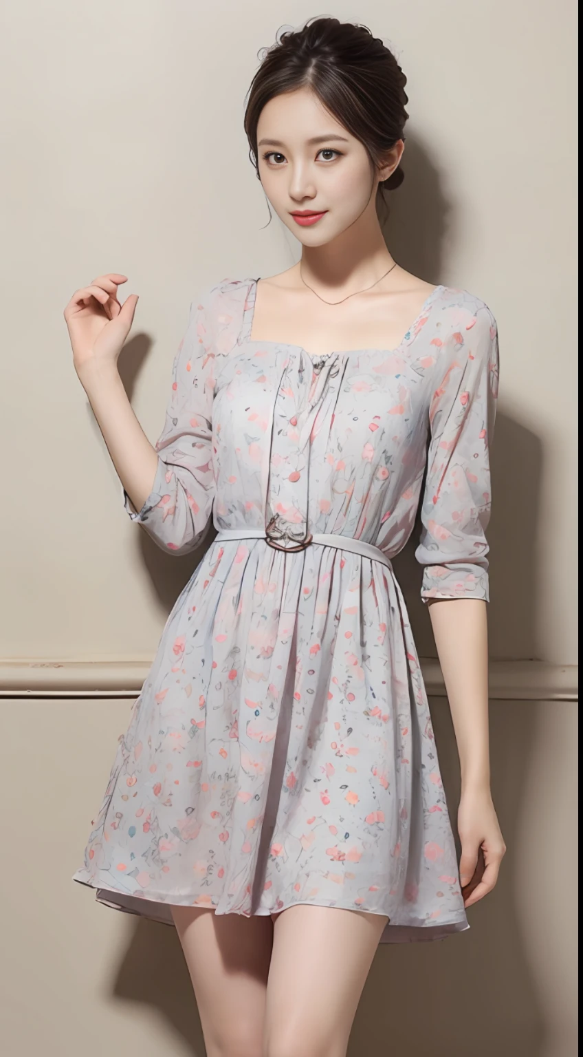 An A-line dress with knee-length or knee-length length, light pink or light blue color, floral pattern or yangchun pattern, cotton or chiffon fabric