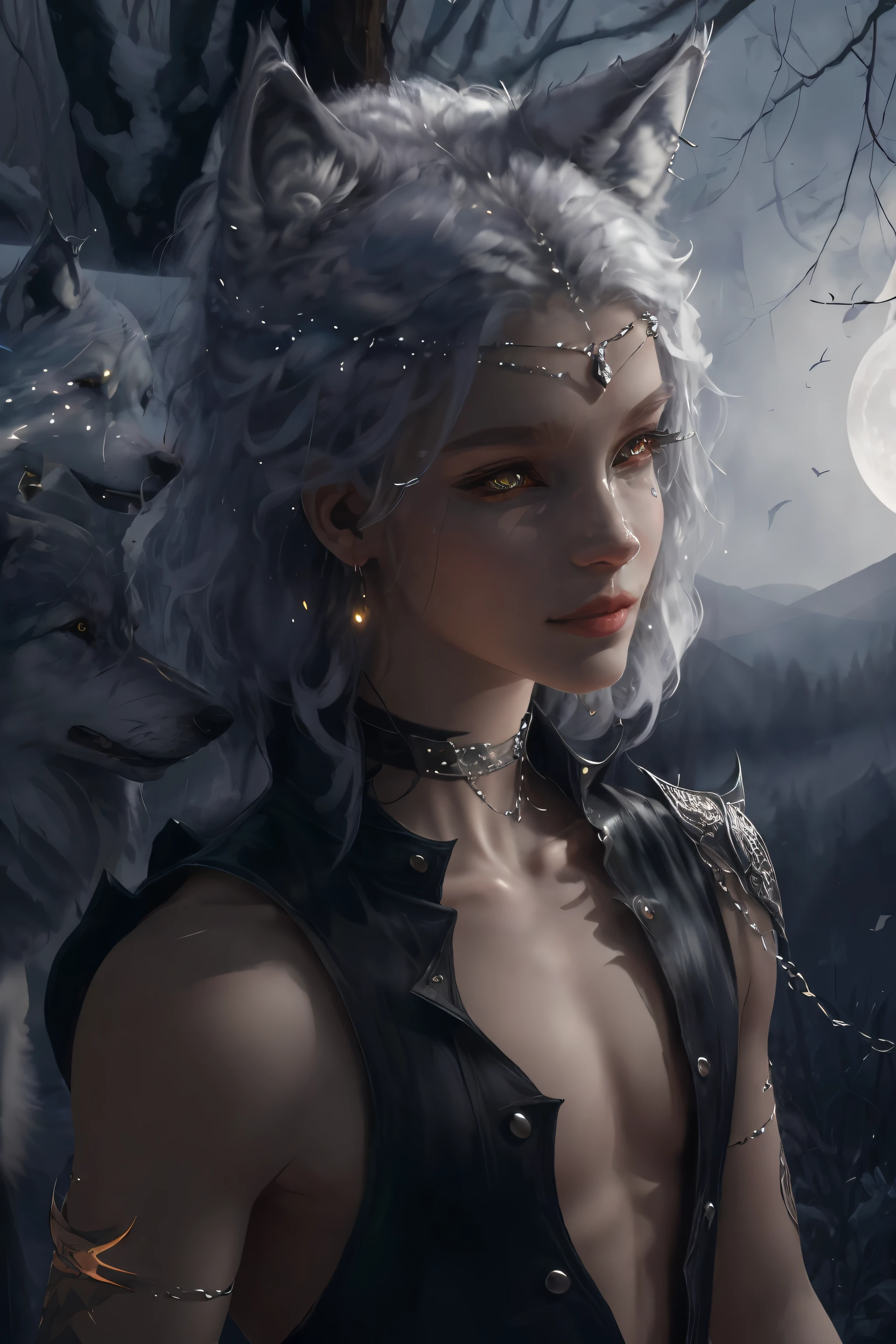 (absurdres, highres, ultra detailed), 1 male, adult, handsome, tall,, finely detailed eyes and detailed face, black leather pants, no shirt, open chest, night, smile, dutch angle, long white hair, (((wolf ears))), earrings in wolf ears, wolf white tail, moon, forest, black horns in his head, silver details, earrings, black chocker, gothic, dark, black simple dress, looking at the view, pale skin, yellow detailed eyes, eyeliner, dog collar, --auto