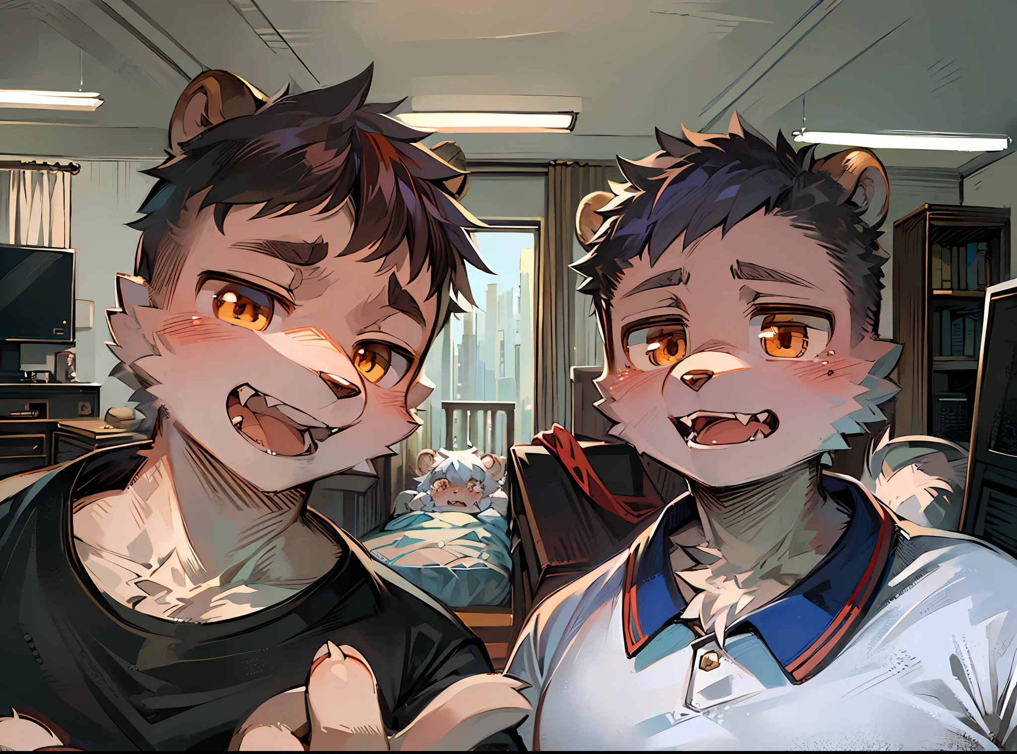 masterpiece,high quality,abstract res,digital painting\(artwork\), by dagasi, yupa, kiyosan, (anthro, fluffy fur, character focus:1.1), anthro male cat, short hair, portrait, bright eyes, panorama, Character focus. (Detailed background: 0.7), Solo, Furry, Hairy Male, Male Focus, Anthr, (Full Body Fur, Fluffy Tail, Brown Eyes, Bear Ears), (Bears, Fangs, Obesity: 6.8, Brother), (Interior, Night, Bedroom Bed)