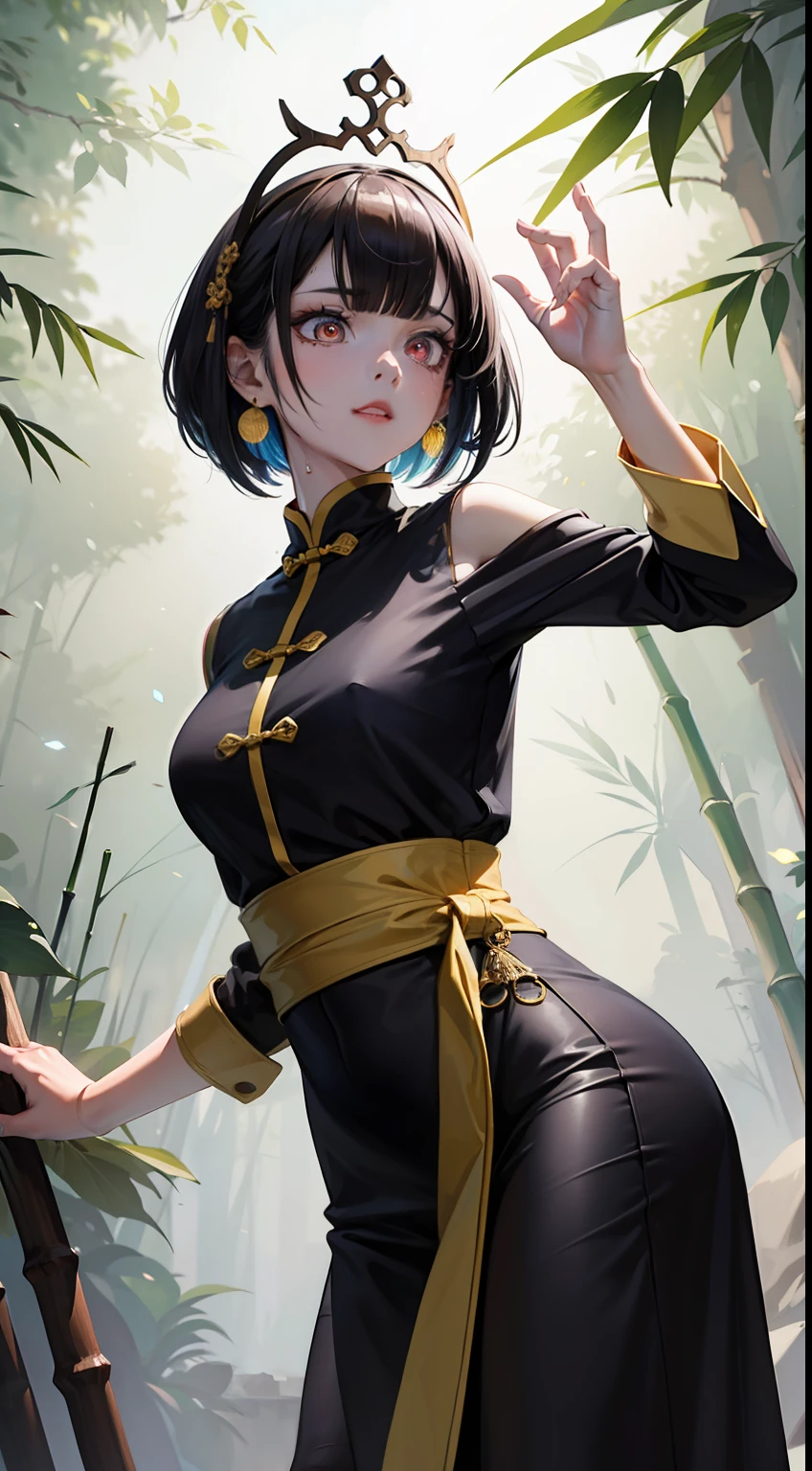 dynamic_angle,dynamic_pose,effect*_glossy,effect*_light_rays,magical*_effect,*_light_particle,shack,bamboo_forest,solo,1girl,Chinese,habit,China-style_made_costume,China-style_made,pixie cut,black hair,streaked hair,multicolored eye,glowing pupils,wet,habit,headdress,Multiple_earrings,