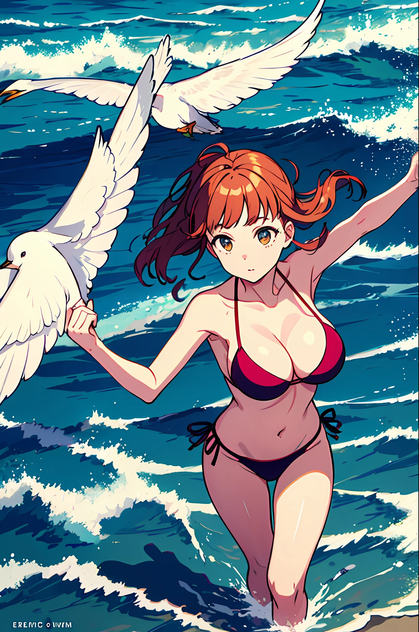 1 girl, seagull, epilogue, ocean, bikini, big breast, light edge line