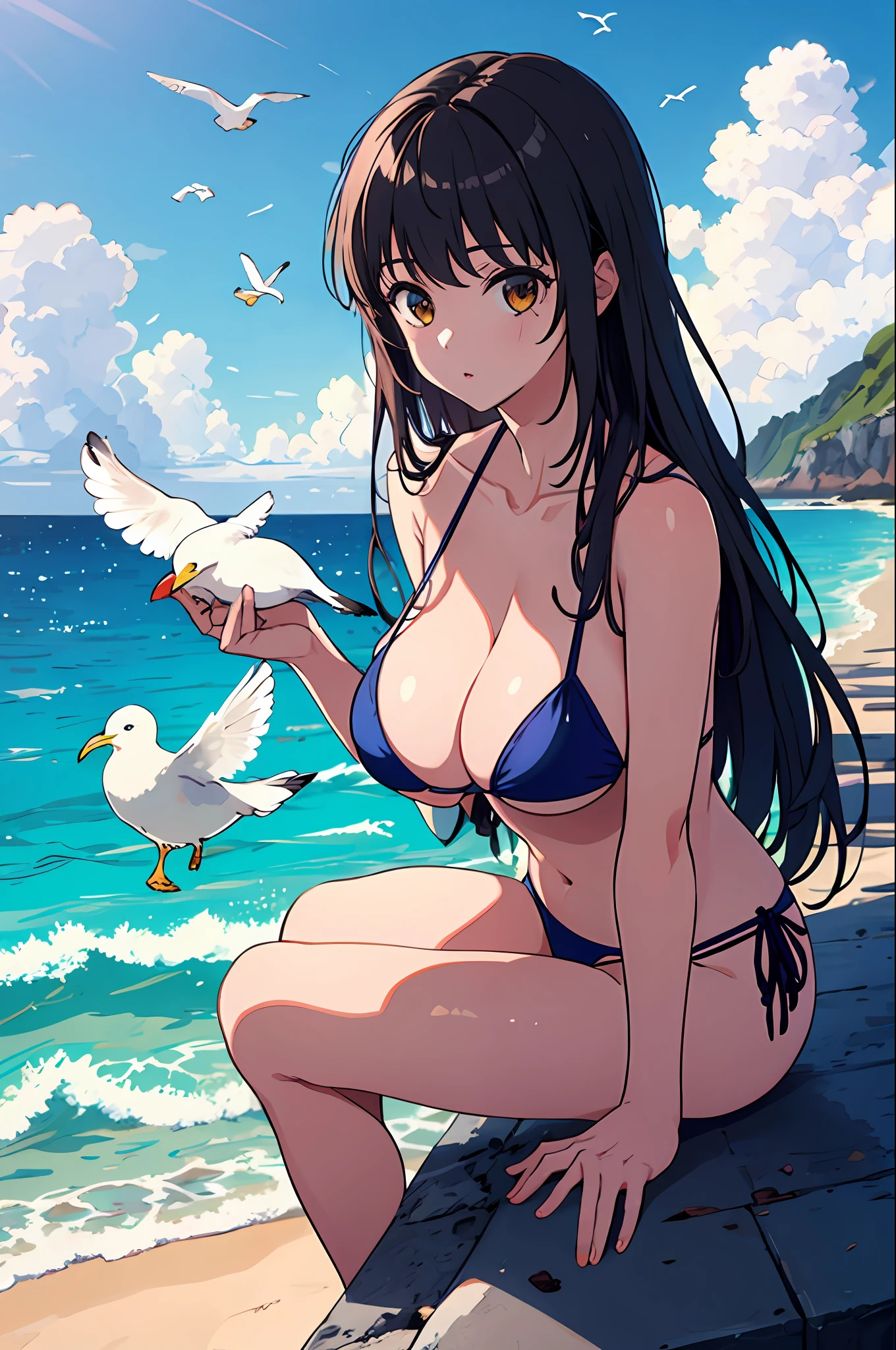 1 girl, seagull, epilogue, ocean, bikini, big breast, light edge line