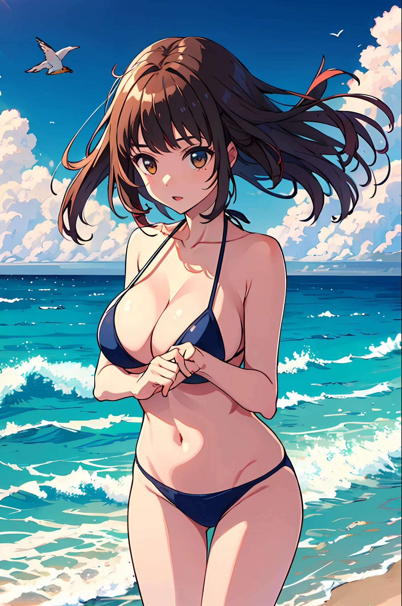 1 girl, seagull, epilogue, ocean, bikini, big breast, light edge line