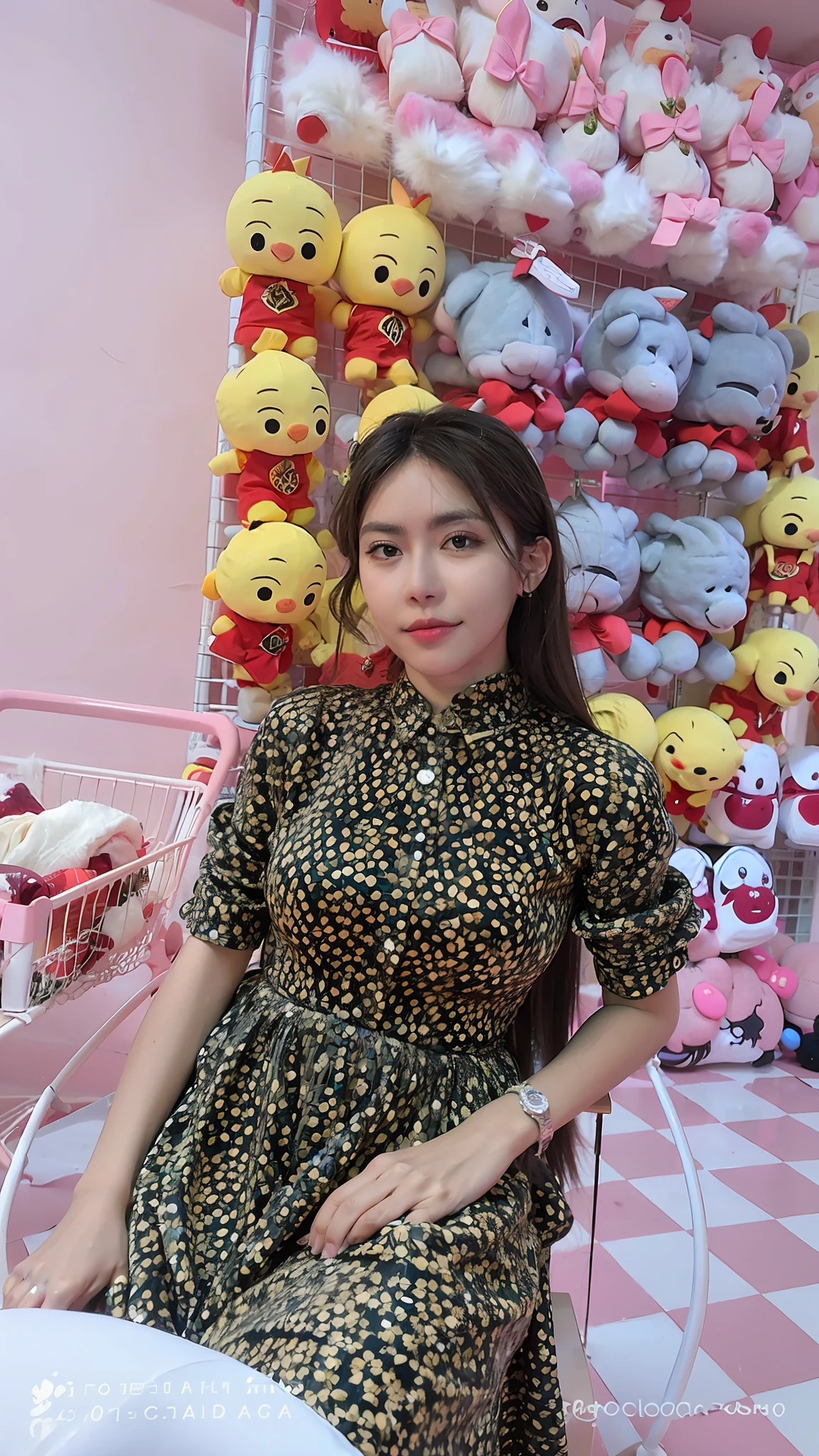 A 20 years old girl sitting on a chair, in a gift shop, looking at camera, wearing a sexy dress, attractive style, black and long hair, black eyes, thin lips, clear skin, profile photo, pretty face, detailed things, cute face,