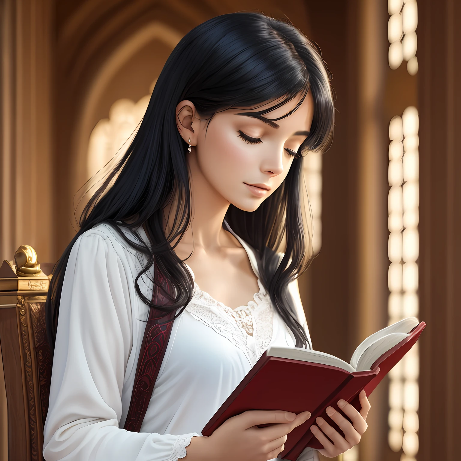 Beautiful white woman with black hair reading a Holy Bible inside a prayer temple, foto realista em alta resolução 4k