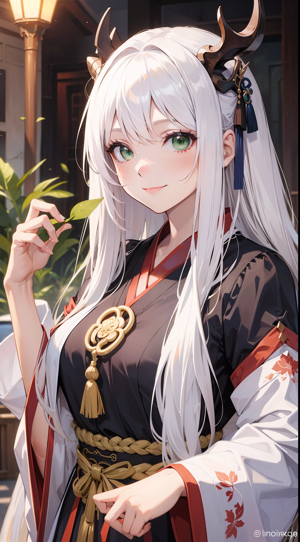 Adult girl, long white hair, green eyes, hanfu, open chest, smile, masterpiece, high quality