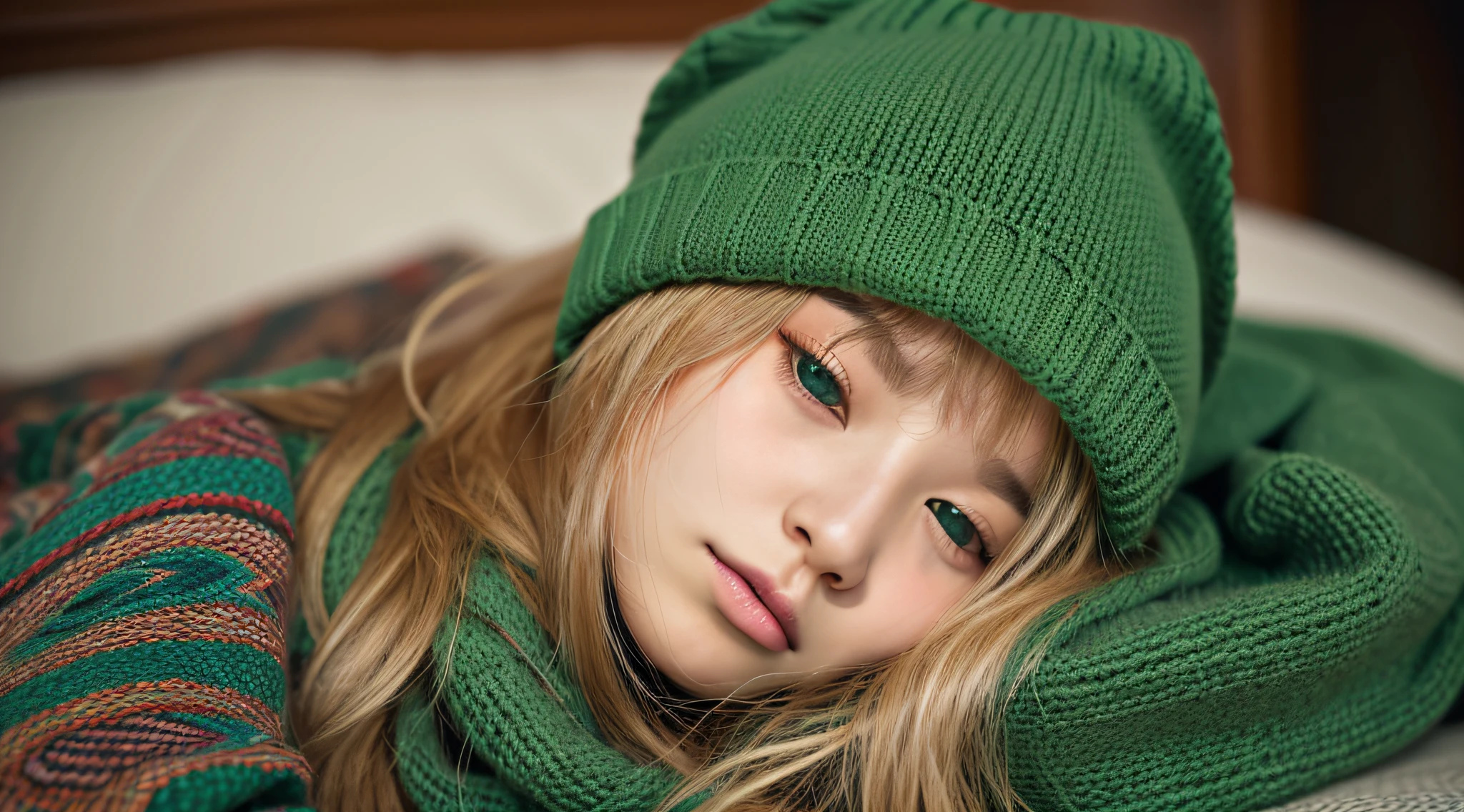 GIRL BLONDE CHILD with long hair wearing a scarf and a hat, sleepy fashion model face, sleepy, sleepy expression, Marisa Kirisame, wearing cute GREEN scarf, prettier, sleeping, sick with a cold, Lalisa Manobal, Misa Amane*, very tired woman, sleeping, Takeyuki Kanda, Lalisa Manoban of blackpink