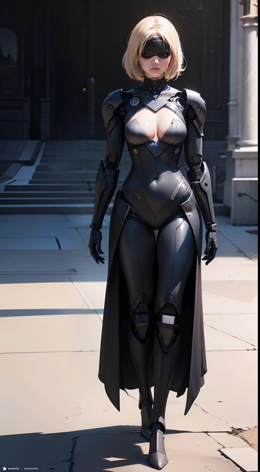 true-to-life visuals,artistically refined,captivating beauty, dramatic contrasts, atmospheric depth,intimate moments, enduring allure, authentic portrayal,lifelike accuracy, evocative mood, emotional depth, striking symbolism, small breasts, 1girls,solo,(looking at viewer),(full body:1.4),blindfold,(Glowing ambiance, enchanting radiance, ethereal atmosphere, mesmerizing glow, evocative hues, captivating coloration, dramatic lighting, enchanting aura:1),armor robot,(highly details:1.5),unreal engine,3d render,film photograhpy, complex 3d render ultra detailed of a beautiful porcelain profile woman android face, (cyborg:1.3), robotic parts, 150 mm, beautiful studio soft light, (rim light:0.63), vibrant details, luxurious cyberpunk, lace, hyperrealistic, anatomical, facial muscles, cable electric wires, microchip, elegant, beautiful background, octane render, H. R. Giger style, 8k, best quality, masterpiece, illustration, an extremely delicate and beautiful, extremely detailed ,CG ,unity ,wallpaper, (realistic, photo-realistic:1.37),Amazing, finely detail, masterpiece,best quality,official art, extremely detailed CG unity 8k wallpaper, absurdres, incredibly absurdres, robot, silver halmet,