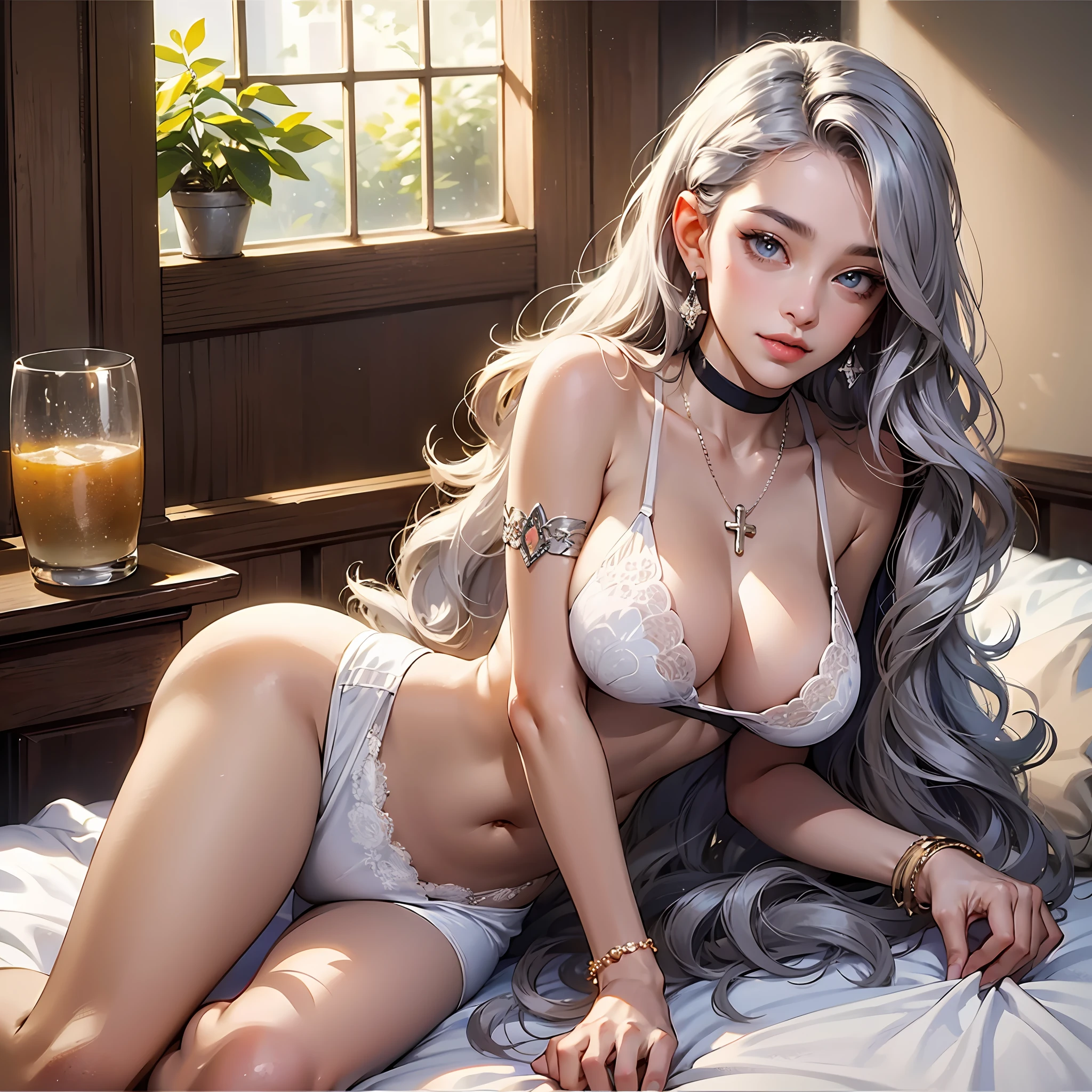 HinataNS, open, beautiful detailed whole body, girl, woman, woman, young, 20 years old, wavy hair, holy beautiful detailed face, intricate details beautiful and delicate silver colored eyes, light smile, bright pupils, split lips, large breasts, cross, choker, no Bra, alloy handles, on bed, open legs, M-shaped, high heels, necklace, earrings --auto