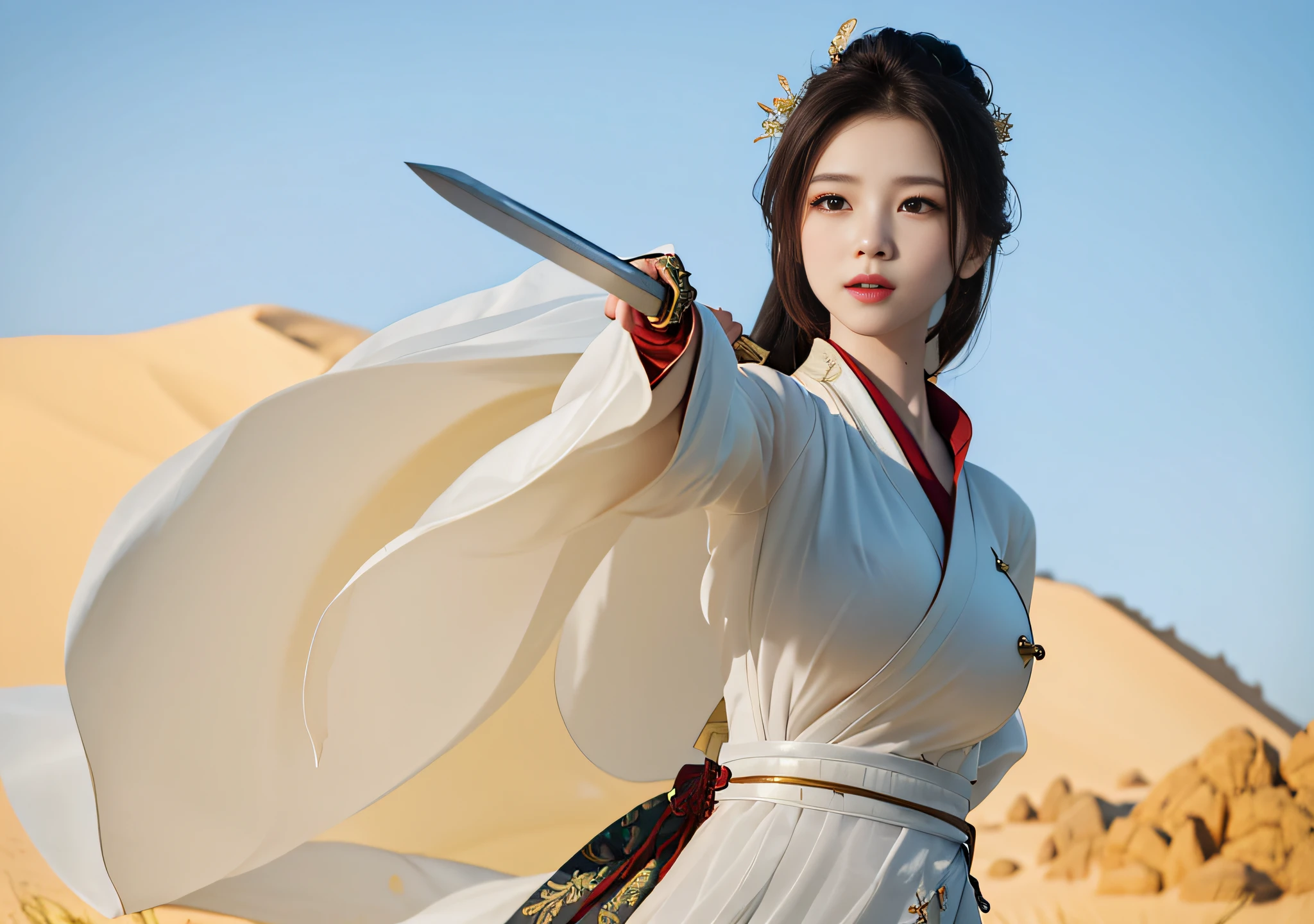 (RAW Photo, Best Quality), (Realistic, Photo Realistic: 1.3), Best Quality, Highly Detailed, Masterpiece, Ultra Detail, Woman in Red Dress, Black Hair, Breeze Blowing Hair, Delicate Face, ((((Big Breasts: 3.0))))), Perfect Breasts, Bumpy Figure, Flowing Red Robe, Red Hanfu, Holding a Sword in Hand, ((Hands with Sword Raised Flat Pointing Forward)), Seven-point Body, Breeze, Desert, Ultra Wide Angle, Cinematic Light Effects