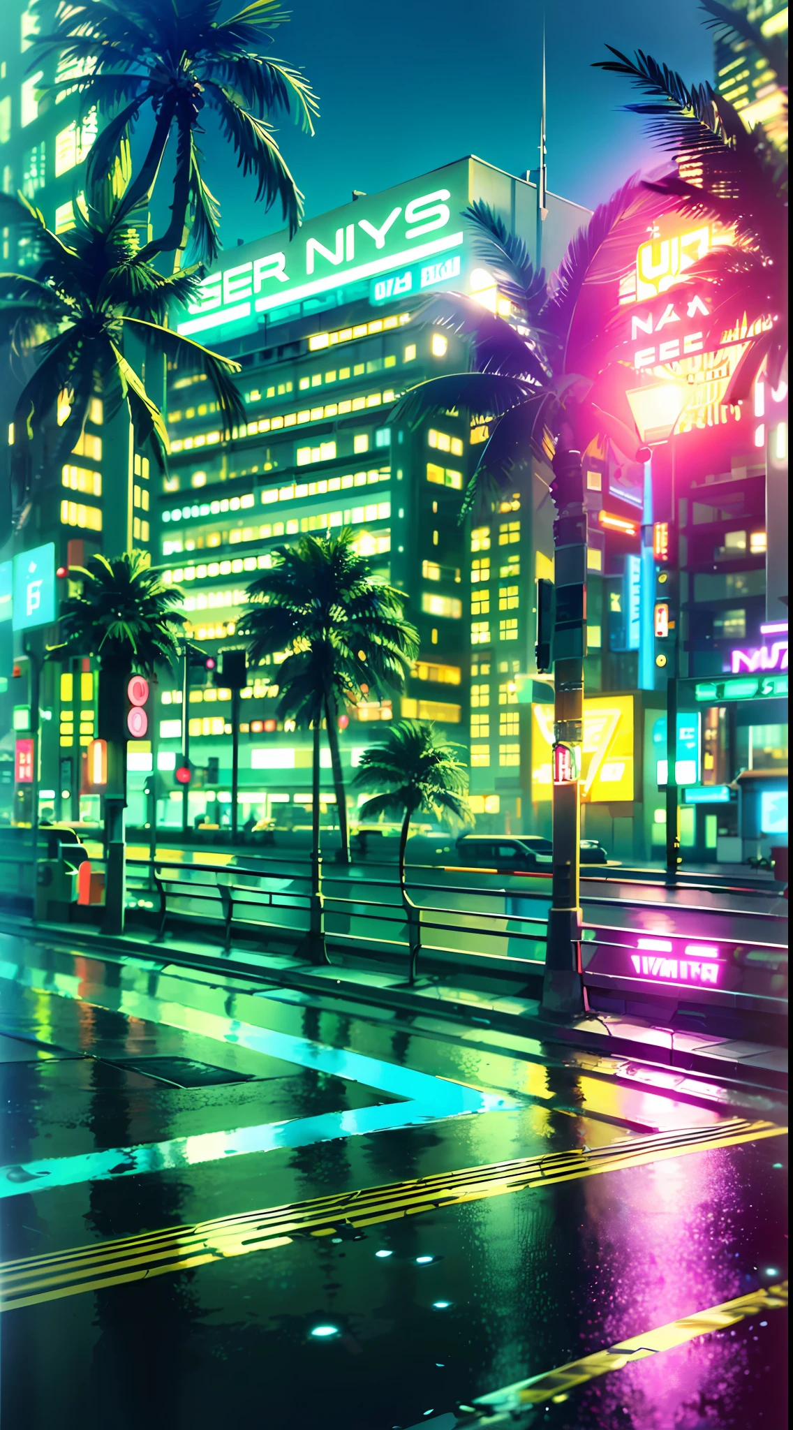 (masterpiece, detailed, high resolution:1.4), open wet road, transformer, cyberpunk, cyberpunk 2077, cyberpunk night city neon background, sea, beach, palm trees, green-blue glitch effect, violet-pink neon glow, fluorescent yellow, light green, purple, mint