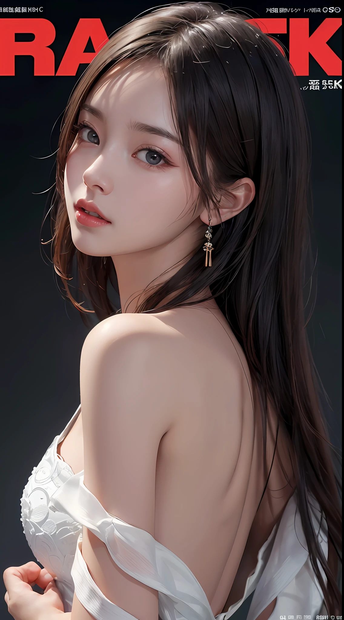 Masterpiece, 1 Beautiful Girl, Detailed Eyes, Swollen Eyes, Top Quality, Ultra High Resolution, (Reality: 1.4), Cinematic Lighting, Japanese, Asian Beauty, Korean, Very Beautiful, Beautiful Skin, Slender, Body Facing Forward, (Ultra Realistic), (High Resolution), (8K), (Very Detailed), ( Best Illustration), (beautifully detailed eyes), (super detailed), (wallpaper), detailed face, bright lighting, professional lighting, looking at viewer, facing straight ahead, white dress, 46 point slanted bangs, background is magazine cover,