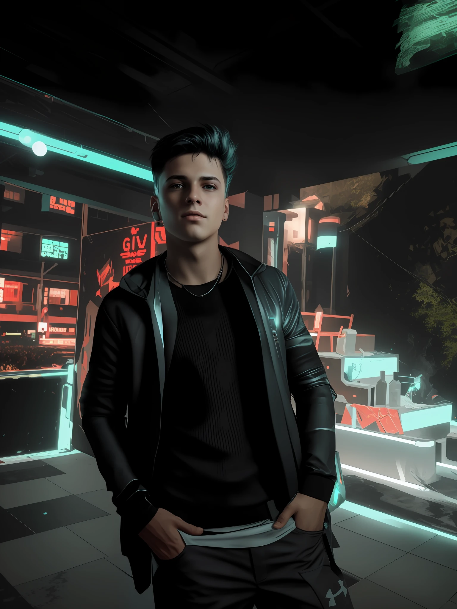 Change background cyberpunk hadsome boy 8k ultra realistic