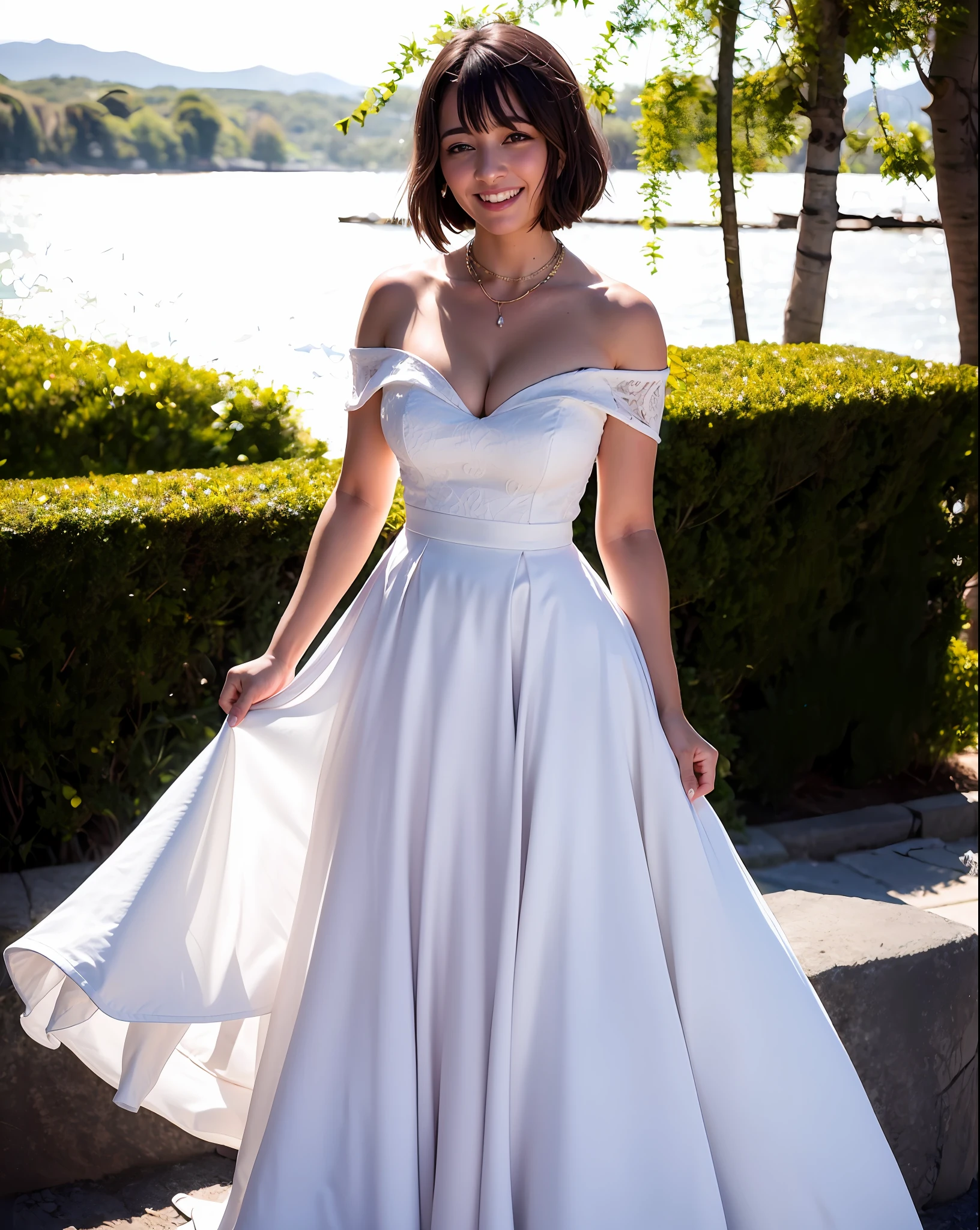 (realistic: 1.3), masterpiece, best quality, clear face, closed - up, front light, look at viewer, 1girl, ((Sapphire glowing pupils)), dancing, with a huge diamond necklace, front view, ((with black bob cut)), ((big warm grin)), wearing a white off-shoulder wedding dress with long tail standing on a stone staircase by water, very small breast, glowing white shiny skin, posing for a picture, golden hour, Mottled light and shadow