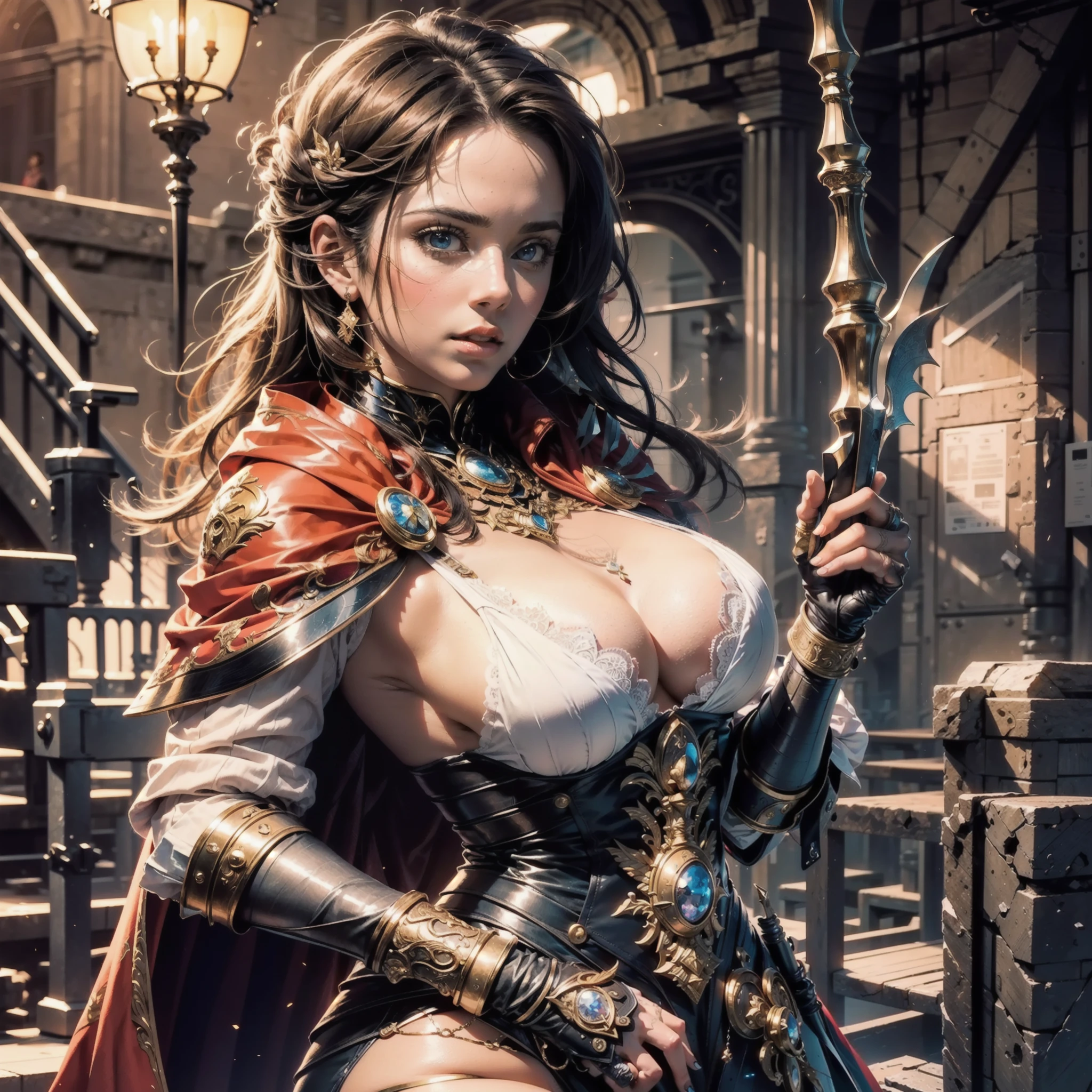 ((masterpiece))), (((best quality))), ((ultra-detailed)), (hyperrealistic), (highly detailed CG illustration), cinematic light, photorealistic ,extremely beautiful young lady, light makeup, big ??????, intricate detailed eaba, red cape, spear