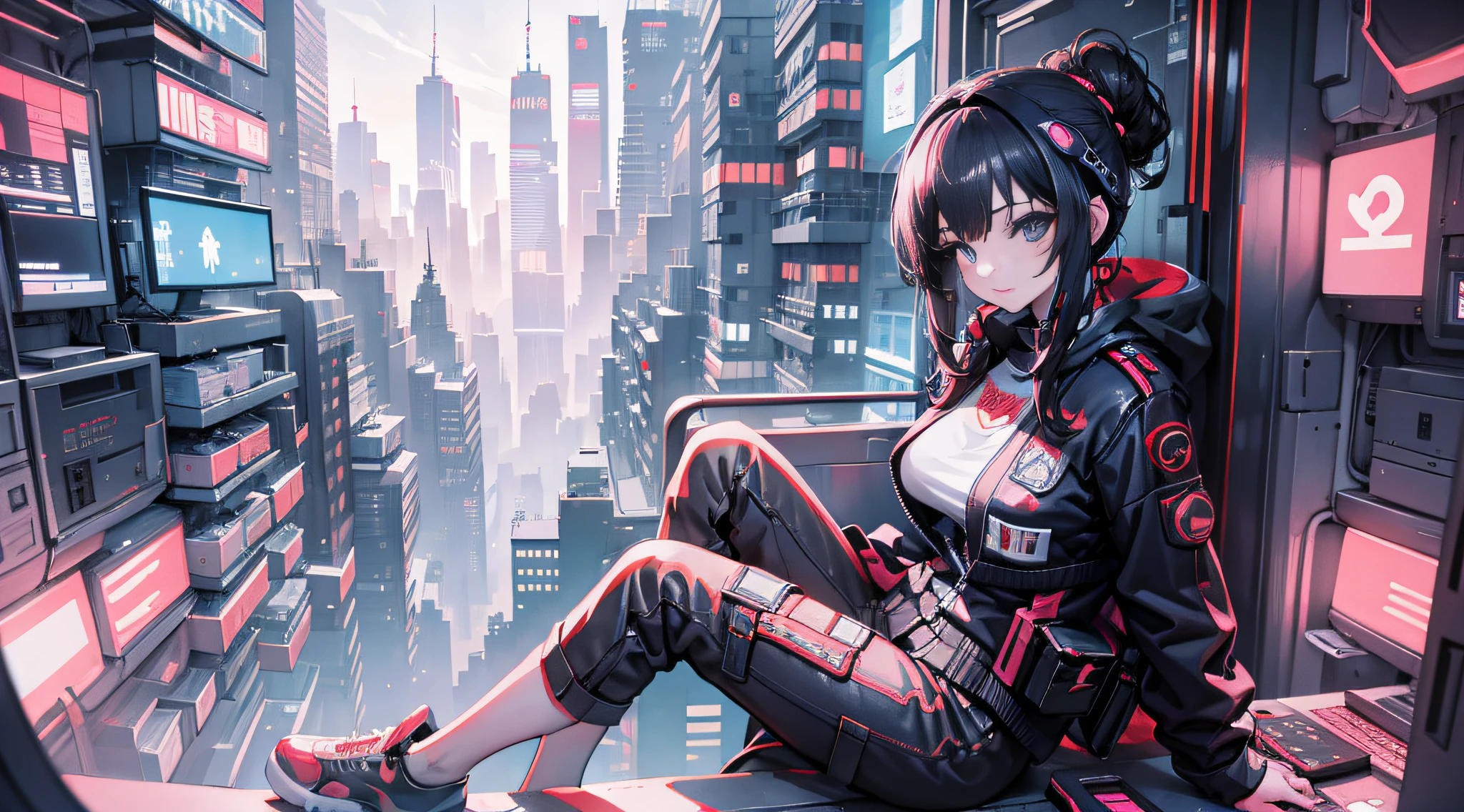 1girl, sitting in a helicopter looking down at the cyberpunk scenery outside the window, panorama, cyberpunk girl, cyberpunk top, cyberpunk pants, cyberpunk shoes, cyberpunk style, proud expression, proud, proud, proud, proud, proud, proud, proud, proud, proud, proud,