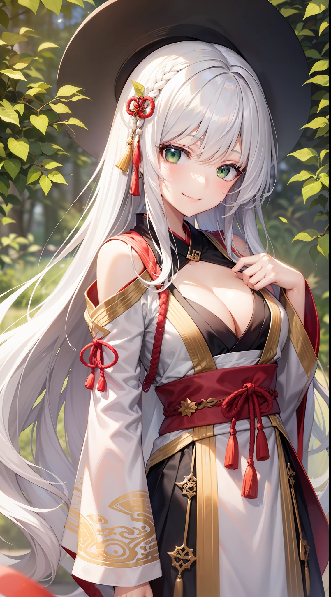 Adult girl, long white hair, green eyes, hanfu, open chest, smile, masterpiece, high quality