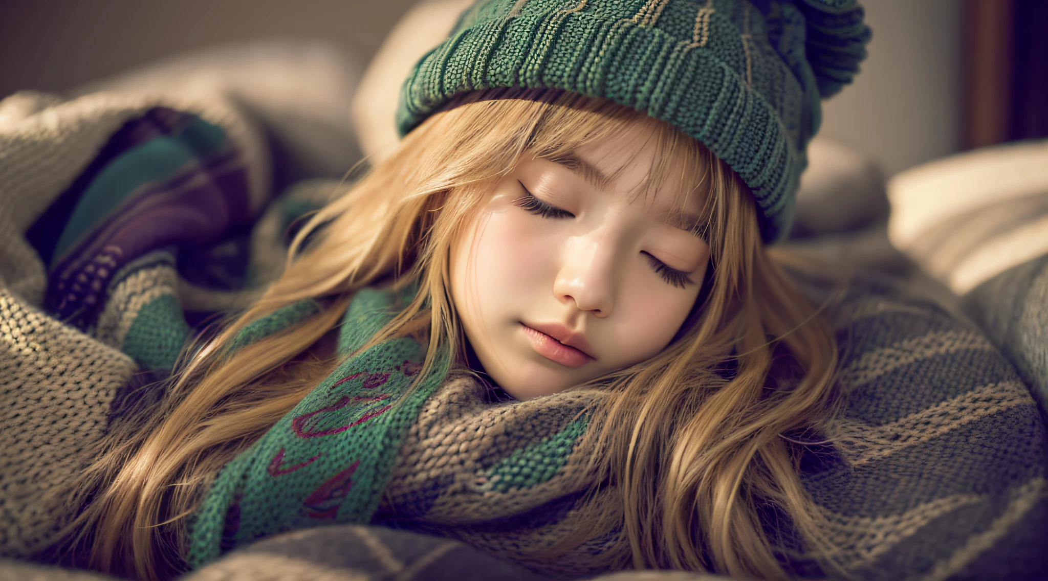 GIRL BLONDE CHILD with long hair wearing a scarf and a hat, sleepy fashion model face, sleepy, sleepy expression, Marisa Kirisame, wearing cute GREEN scarf, prettier, sleeping, sick with a cold, Lalisa Manobal, Misa Amane*, very tired woman, sleeping, Takeyuki Kanda, Lalisa Manoban of blackpink