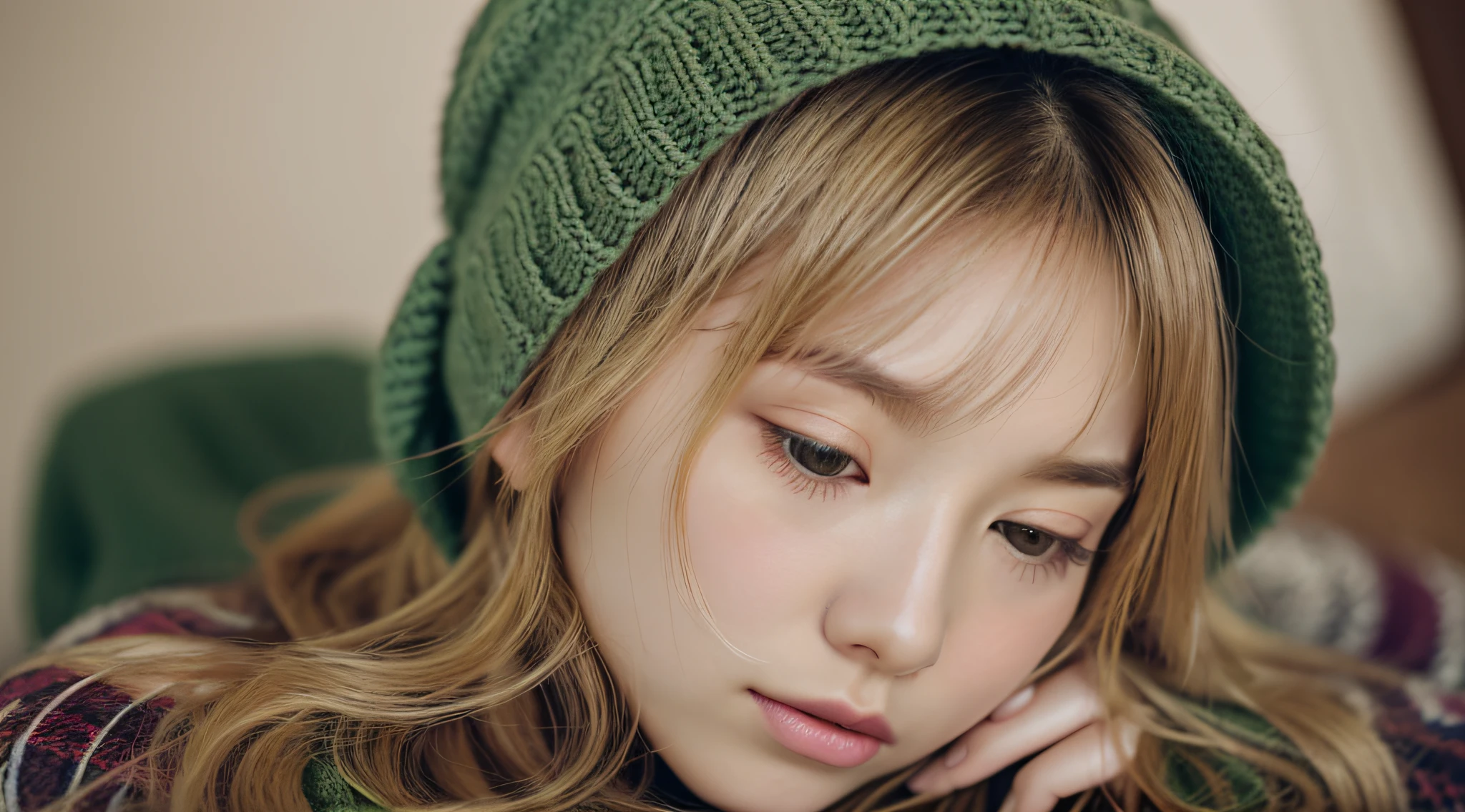 GIRL BLONDE CHILD with long hair wearing a scarf and a hat, sleepy fashion model face, sleepy, sleepy expression, Marisa Kirisame, wearing cute GREEN scarf, prettier, sleeping, sick with a cold, Lalisa Manobal, Misa Amane*, very tired woman, sleeping, Takeyuki Kanda, Lalisa Manoban of blackpink