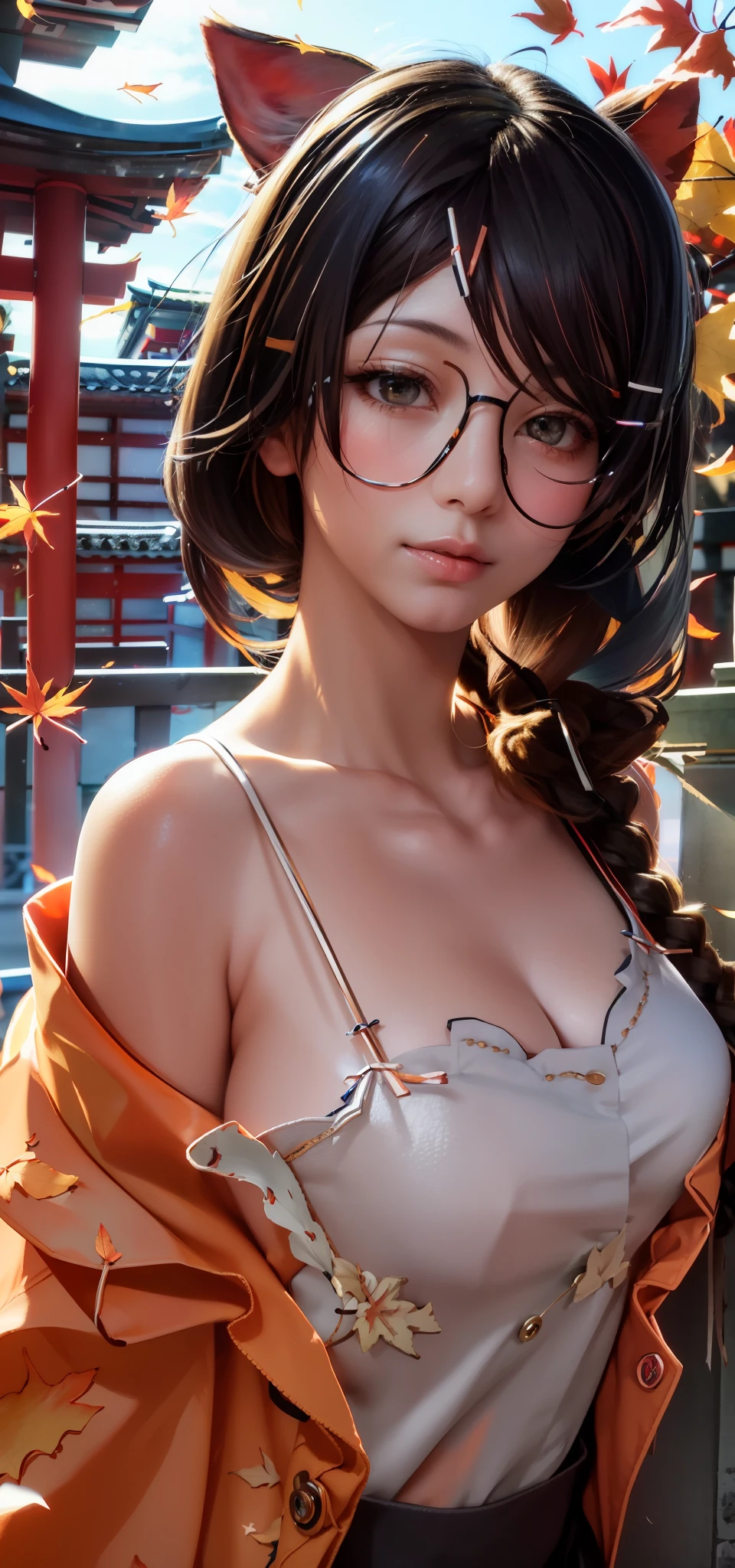 (Masterpiece, Excellent, 1girl, solo, complex details, color difference), realism, ((medium breath)), off-the-shoulders, big breasts, sexy, Hanekawa tsubasa, long pony tail black hair, orange headdress, orange highlight, hair above one eye, brown eyes, glazed eyes, perfectly symmetrical figure, neon shirt, open jacket,low saturated orange high school uniform, against the wall, brick wall, graffiti, dim lighting, alley, looking at the audience, ((sad, seductive, pleasing)), ((autumn leaves background ))),((Japanese temple background)))), (((Glow-in-the-dark background)))