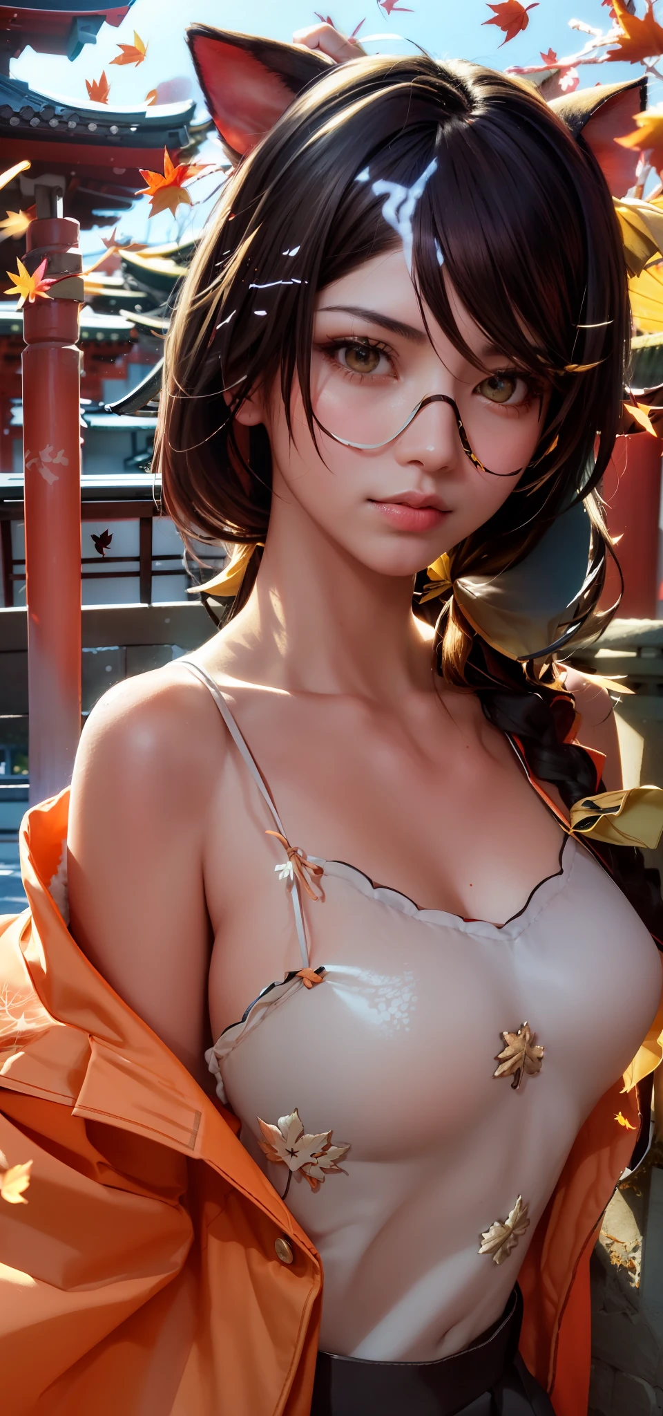 (Masterpiece, Excellent, 1girl, solo, complex details, color difference), realism, ((medium breath)), off-the-shoulders, big breasts, sexy, Hanekawa tsubasa, long pony tail black hair, orange headdress, orange highlight, hair above one eye, brown eyes, glazed eyes, perfectly symmetrical figure, neon shirt, open jacket,low saturated orange high school uniform, against the wall, brick wall, graffiti, dim lighting, alley, looking at the audience, ((sad, seductive, pleasing)), ((autumn leaves background ))),((Japanese temple background)))), (((Glow-in-the-dark background)))