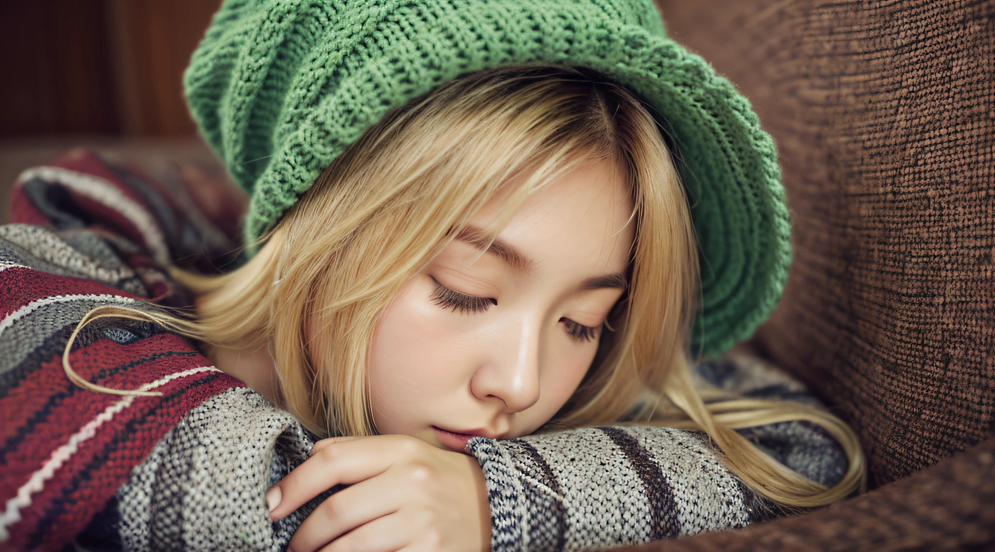 GIRL BLONDE CHILD with long hair wearing a scarf and a hat, sleepy fashion model face, sleepy, sleepy expression, Marisa Kirisame, wearing cute GREEN scarf, prettier, sleeping, sick with a cold, Lalisa Manobal, Misa Amane*, very tired woman, sleeping, Takeyuki Kanda, Lalisa Manoban of blackpink