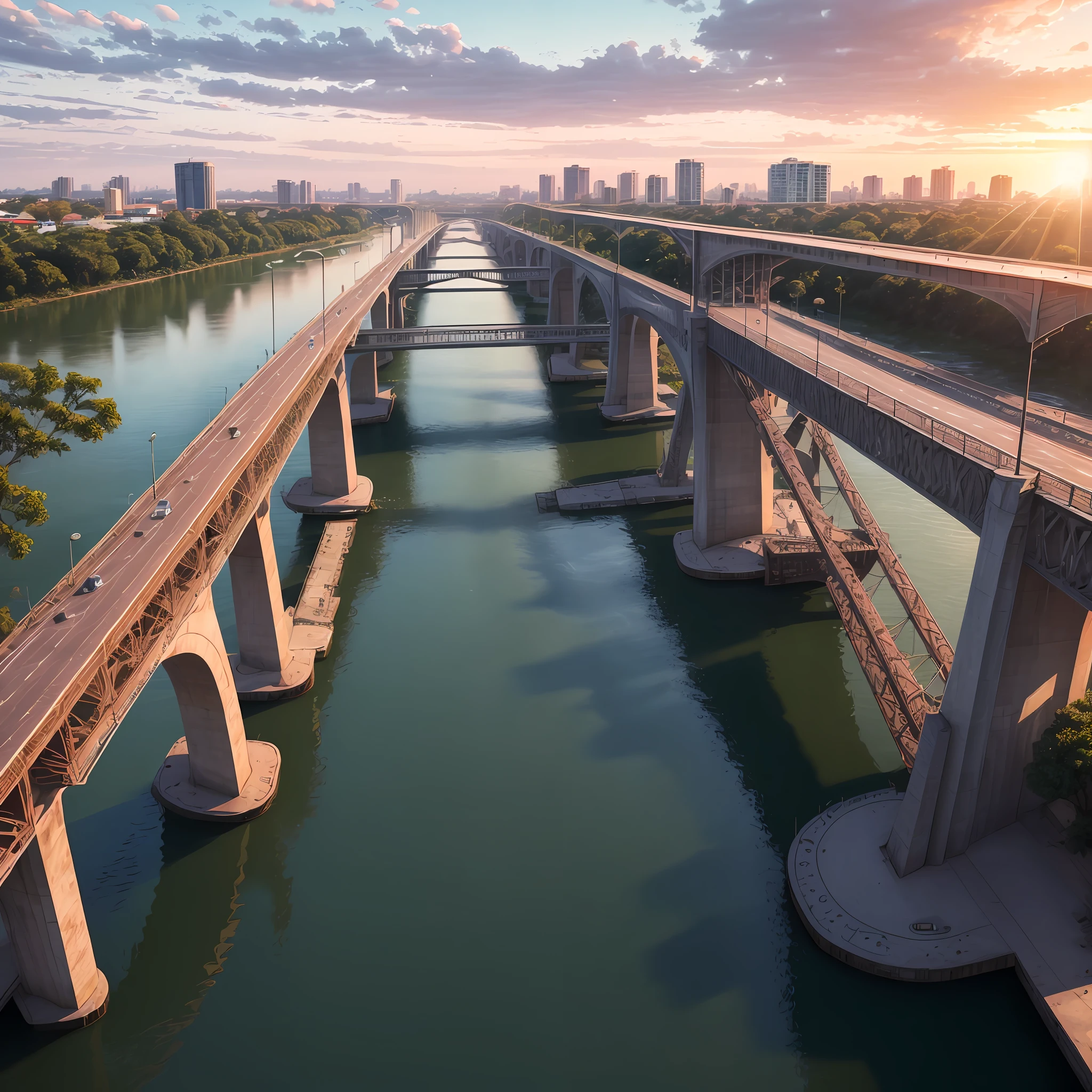 (8k, RAW photo, best quality, masterpiece: 1.2), (realistic, photorealistic: 1.37), metallic bridge of Teresina, rich in detail, in the afternoon, sunset in the background with realistic reflection on the river. --auto