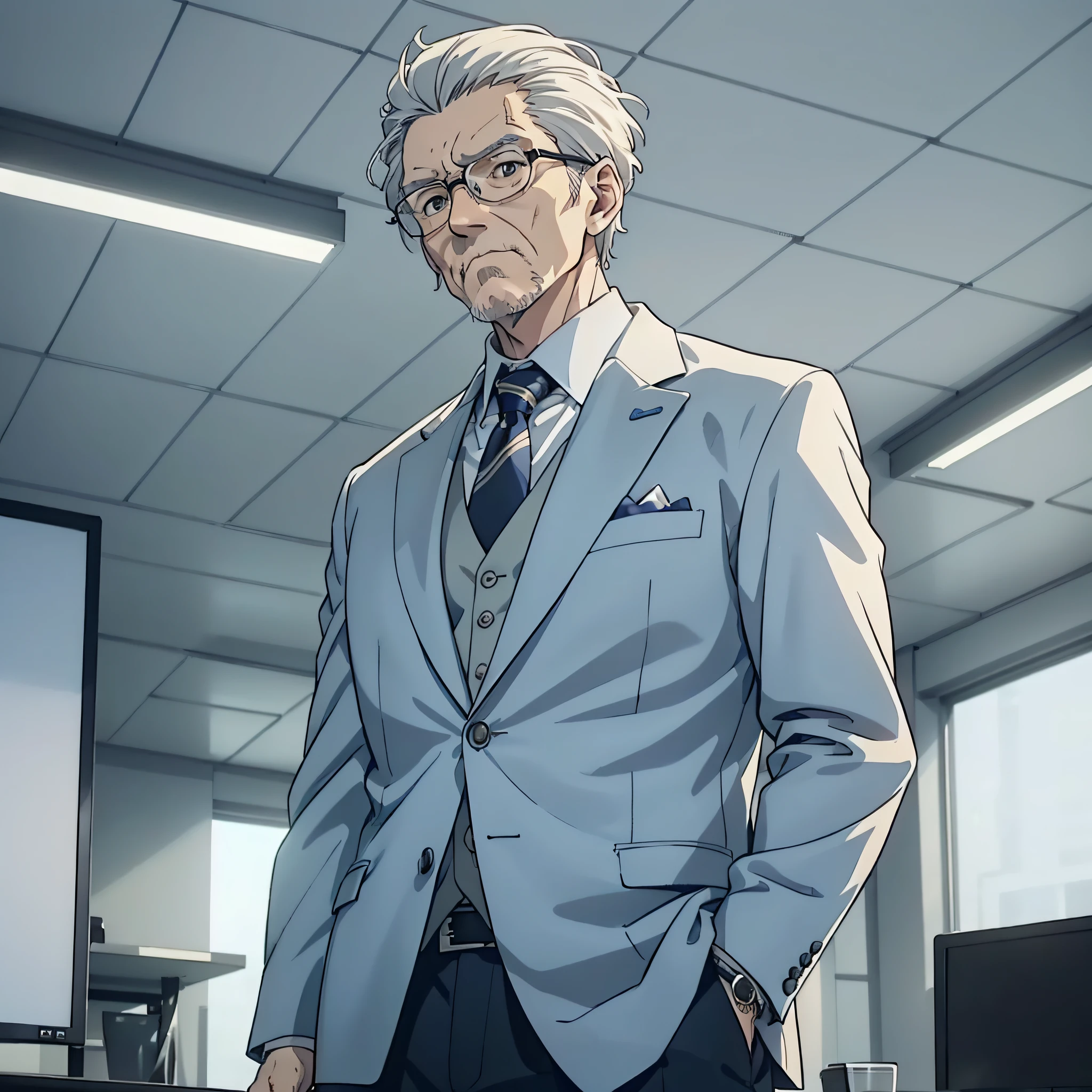 An elderly man of about 50 years old with short white hair and a suit is standing in the company's luxury boss office, (frown 1.5) (background is the company's boss office 1.5) anime style 4 K, anime rendering, anime style. 8k, (upper body display 1.5) (vicissitudes of man 1.3) (cinematic lighting 1.5)
