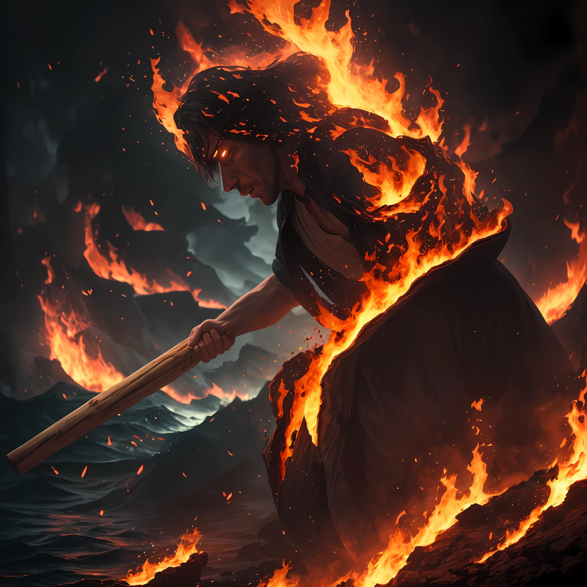 A man stands on the ground, holding a wooden stick in his hand, and the background is a sea of fire,