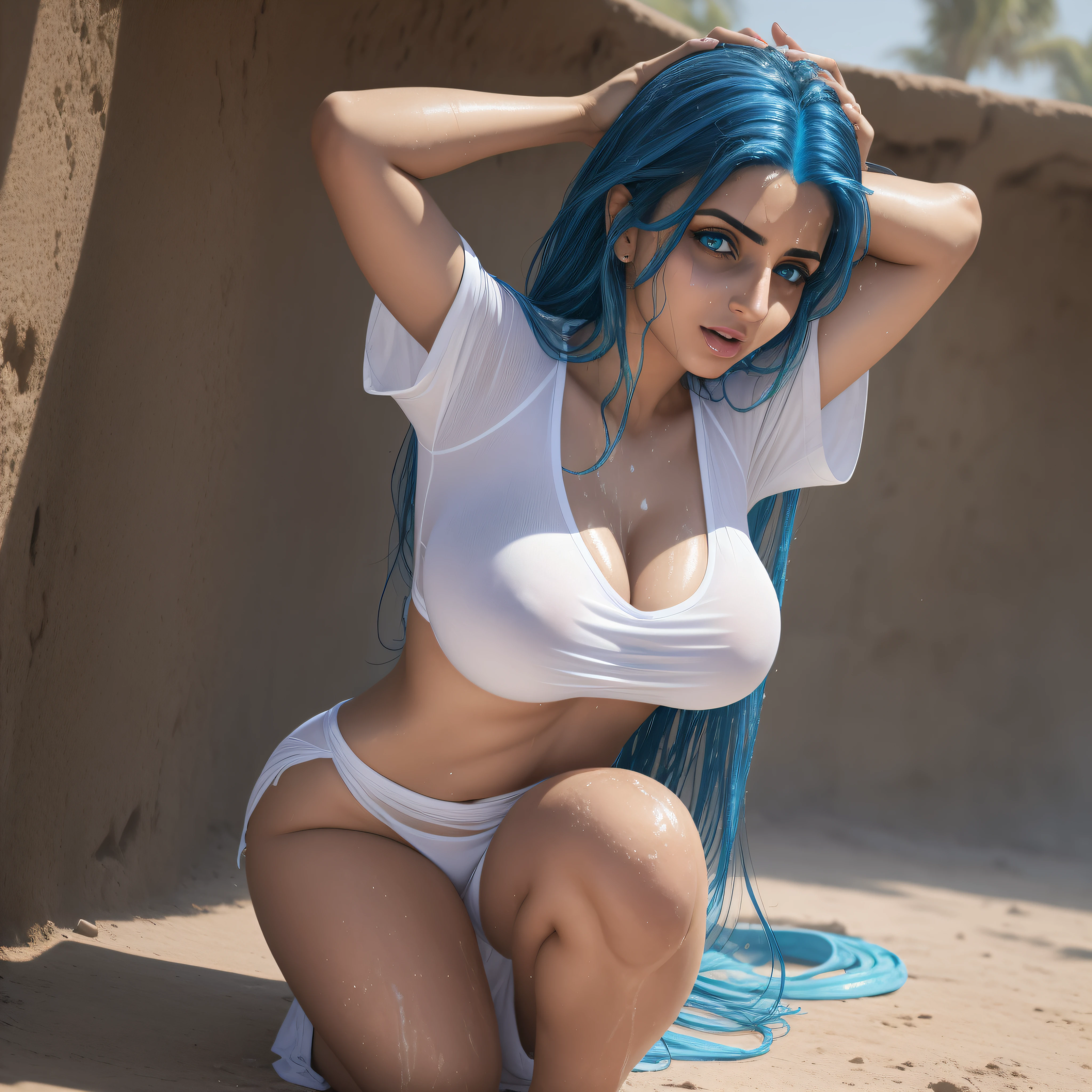Arab woman, blue hair, wet, sweating, looking up off camera (blue eyes), showing her tongue, on her knees, arms in front of her body, large breasts, wearing a tight white shirt, semi-transparent.
