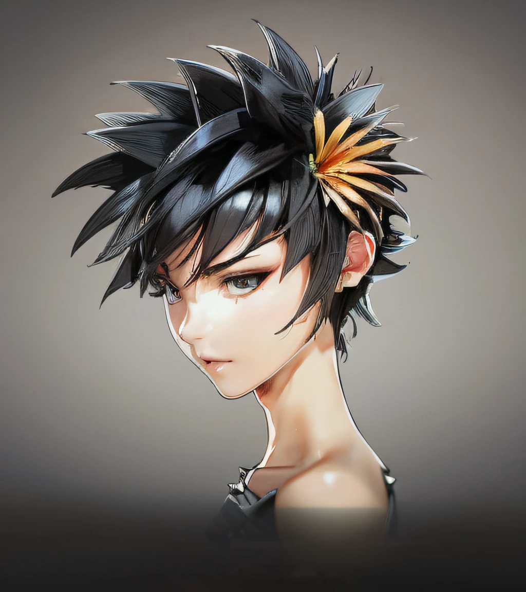 a close up of a person with a black hair and a flower in their hair, anime styled 3d, wild spiky black saiyan hair, stunning anime face portrait, advanced anime digital art, trigger anime artstyle, anime style hyper detailed, clean detailed anime style, anime style digital art, anime highly detailed, high detailed face anime, anime realism style