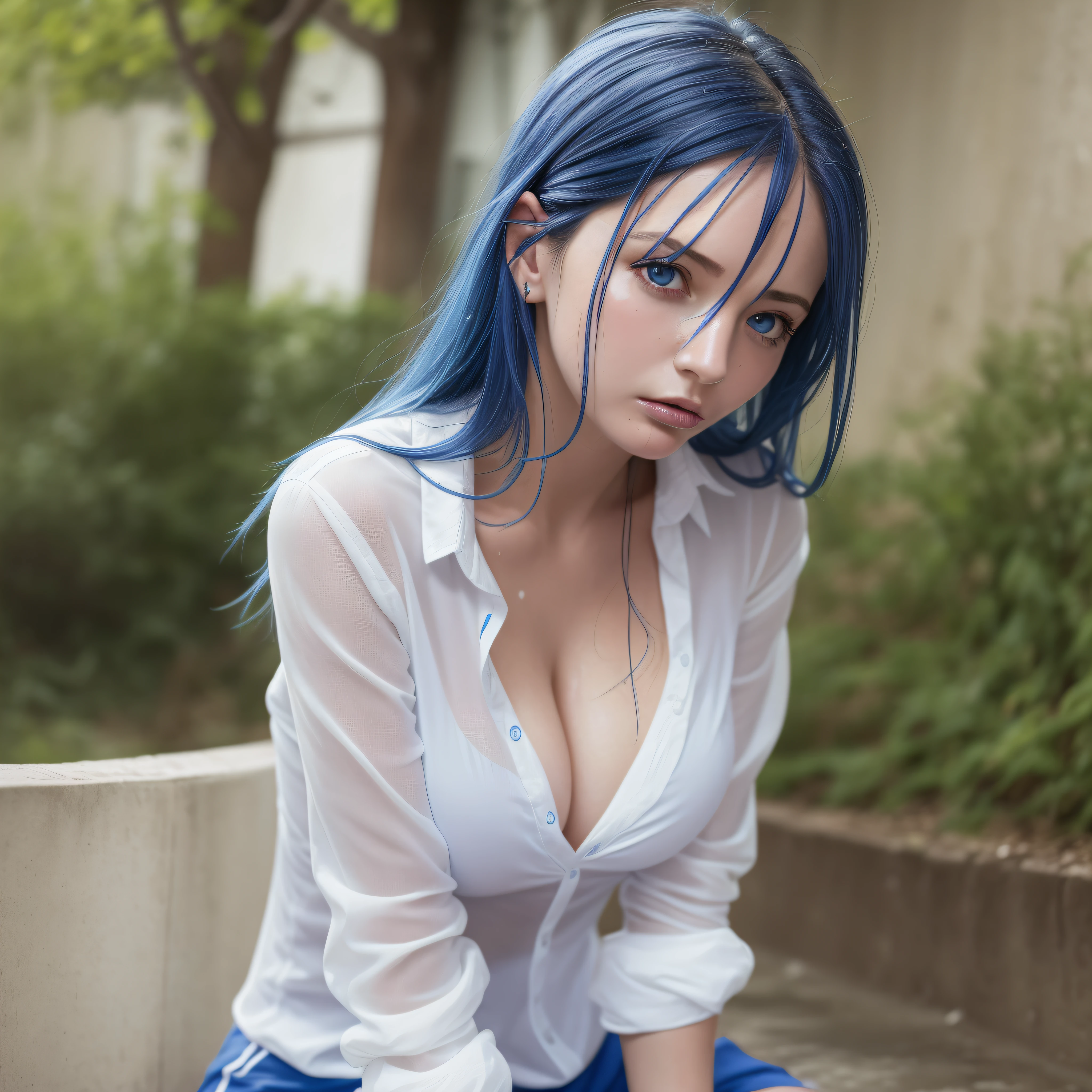 French woman, blue haired, wet, sweating, looking up at the sky off camera (blue eyes), showing her tongue, sitting on her knees, arms in front of her body, large breasts, wearing tight white shirt, semi-transparent.