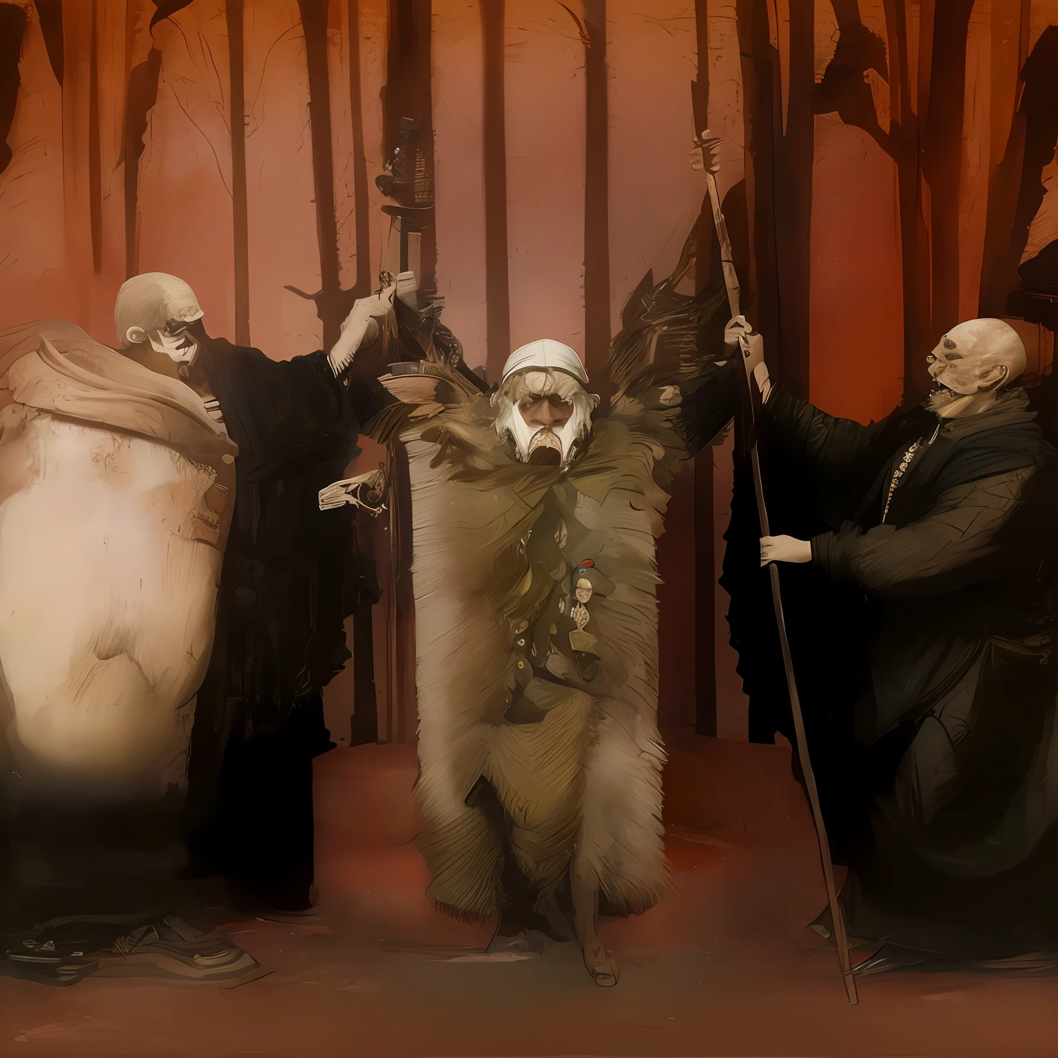three men dressed in costumes and holding a staff in a room, denis forkas, brian froud style, brian froud juan gimenez, michael hussar, inspired by Brian Froud, inspired by Pisanello, by Ludwik Konarzewski, gerald brom style, inspired by Santiago Caruso, dug stanat macabre art, heilung