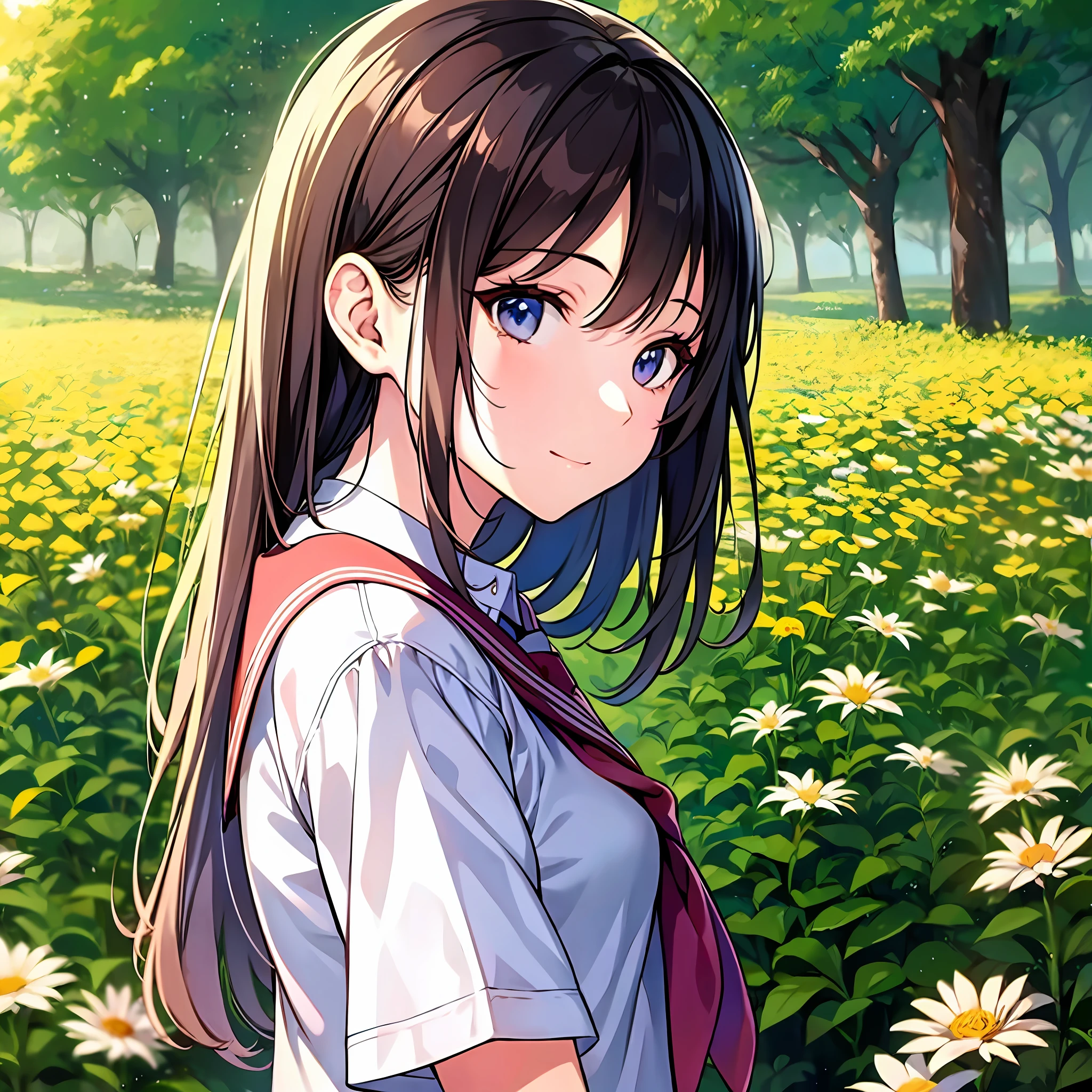 Manga style, an adorable girl, wearing a school uniform, standing in a flower field, she looks back at the viewer with a shy and sweet expression, the background consists of vibrant flowers and soft sunlight, creating a warm and romantic atmosphere