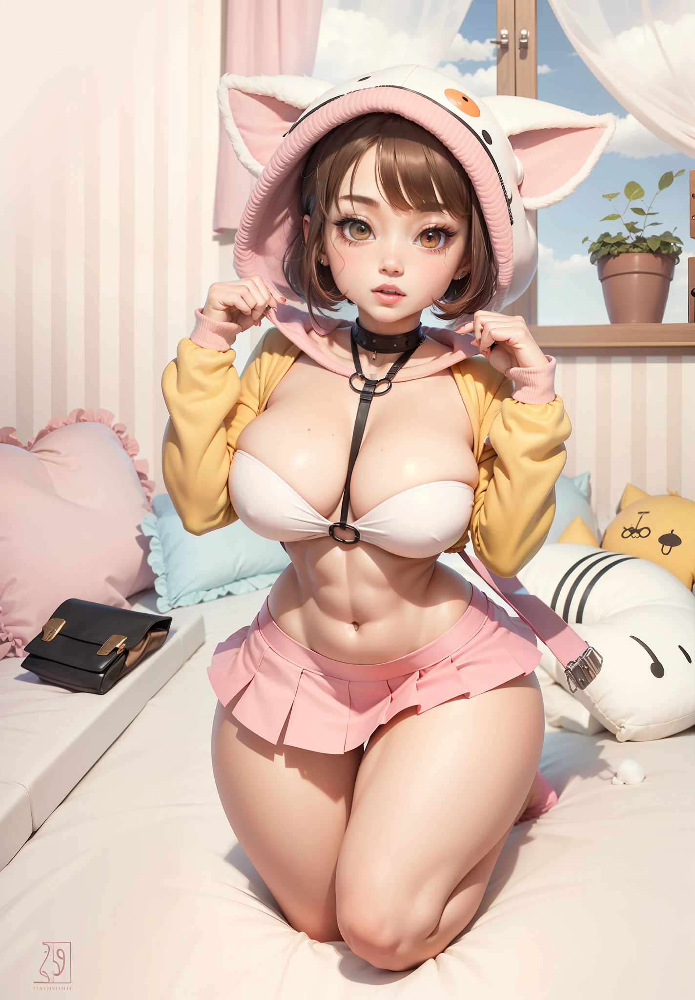 Turned body, well defined body, thick thighs, stretched legs, thin waist, big butt, pink mini skirt, well endowed body 8k