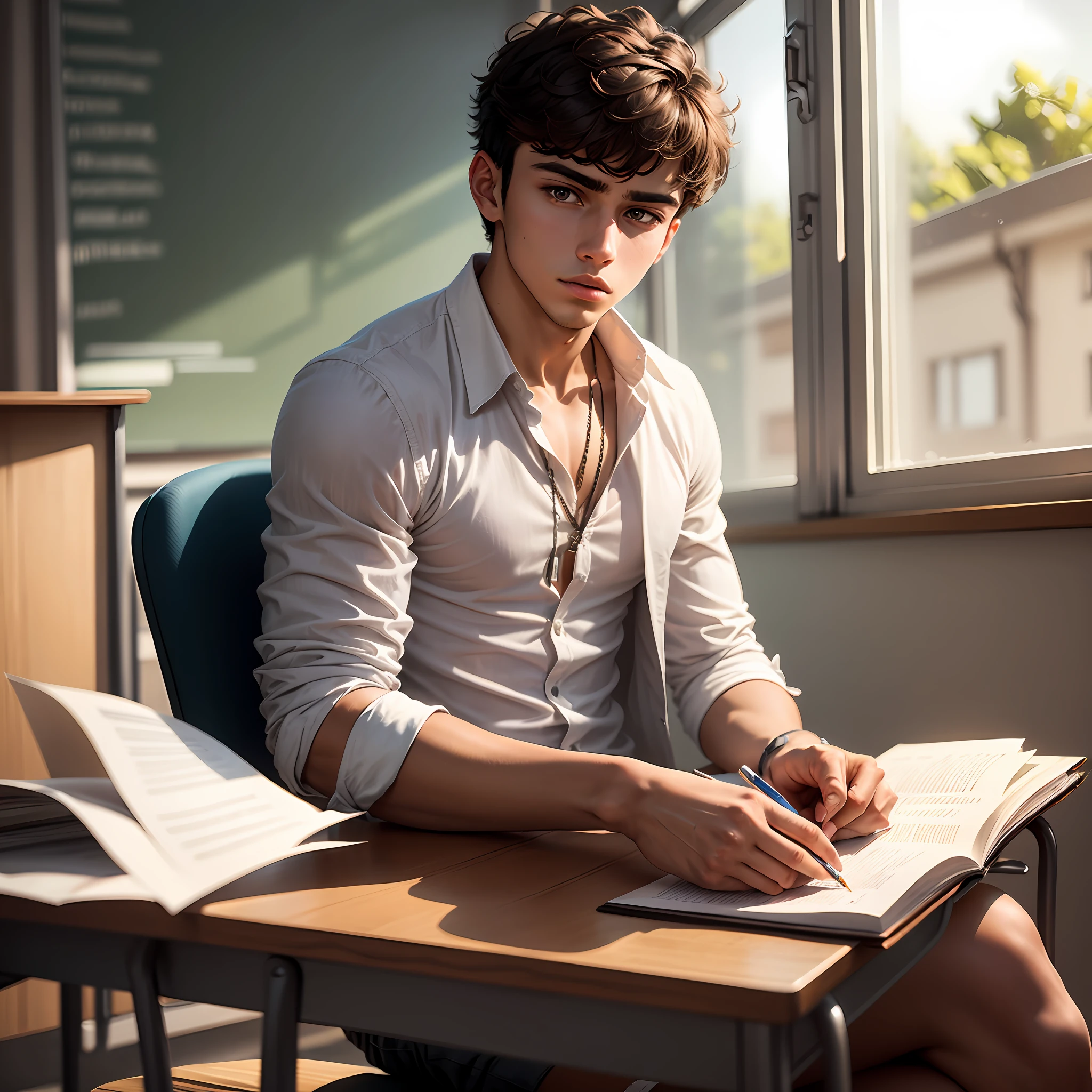 A beautiful young man, school, classroom, , handsome, sitting, studying, alone, with a short straight hair, annulled, concentrated, light brown skin color, Brazil, masterpiece, (8k), --auto