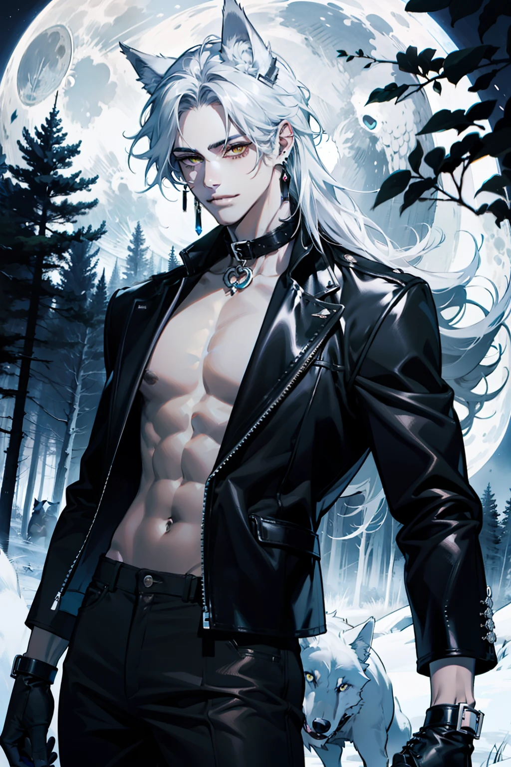 (absurdres, highres, ultra detailed), 1man, adult, handsome, tall,, finely detailed eyes and detailed face, black leather pants, no shirt, open chest, night, smile, dutch angle, long white hair, (((wolf ears))), earrings in wolf ears, wolf white tail, moon, forest, black horns in his head, silver details, earrings, black chocker, gothic, dark, black simple dress, looking at the view, pale skin, yellow detailed eyes, eyeliner, dog collar, (((open chest)))
