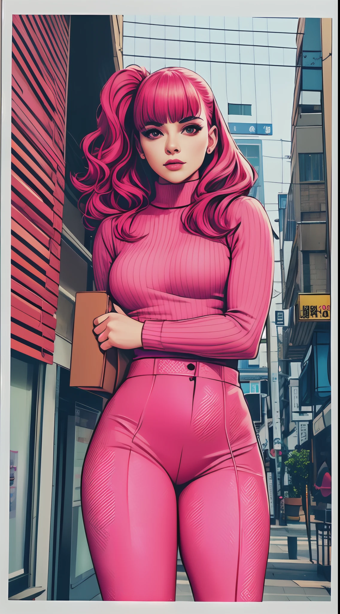 (masterpiece, best quality), beautiful woman, printed cropped turtleneck shirt, skirt, wavy hair, ponytail, asymmetrical bangs, perfect face, beautiful face, alluring, big gorgeous eyes, soft smile, perfect slim fit body, city streets, (outdoor), seoul, bright colors, (risograph)