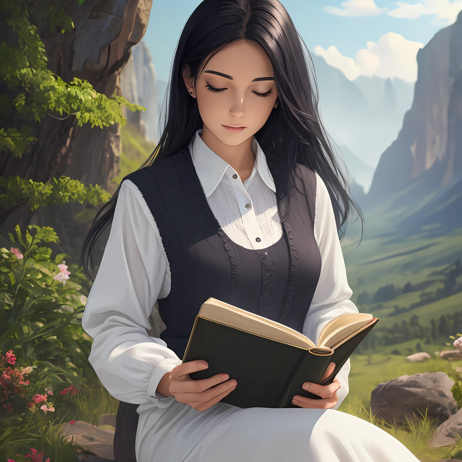 Beautiful white woman with black hair reading a Holy Bible with beautiful background landscape, realistic photo in high resolution 4k