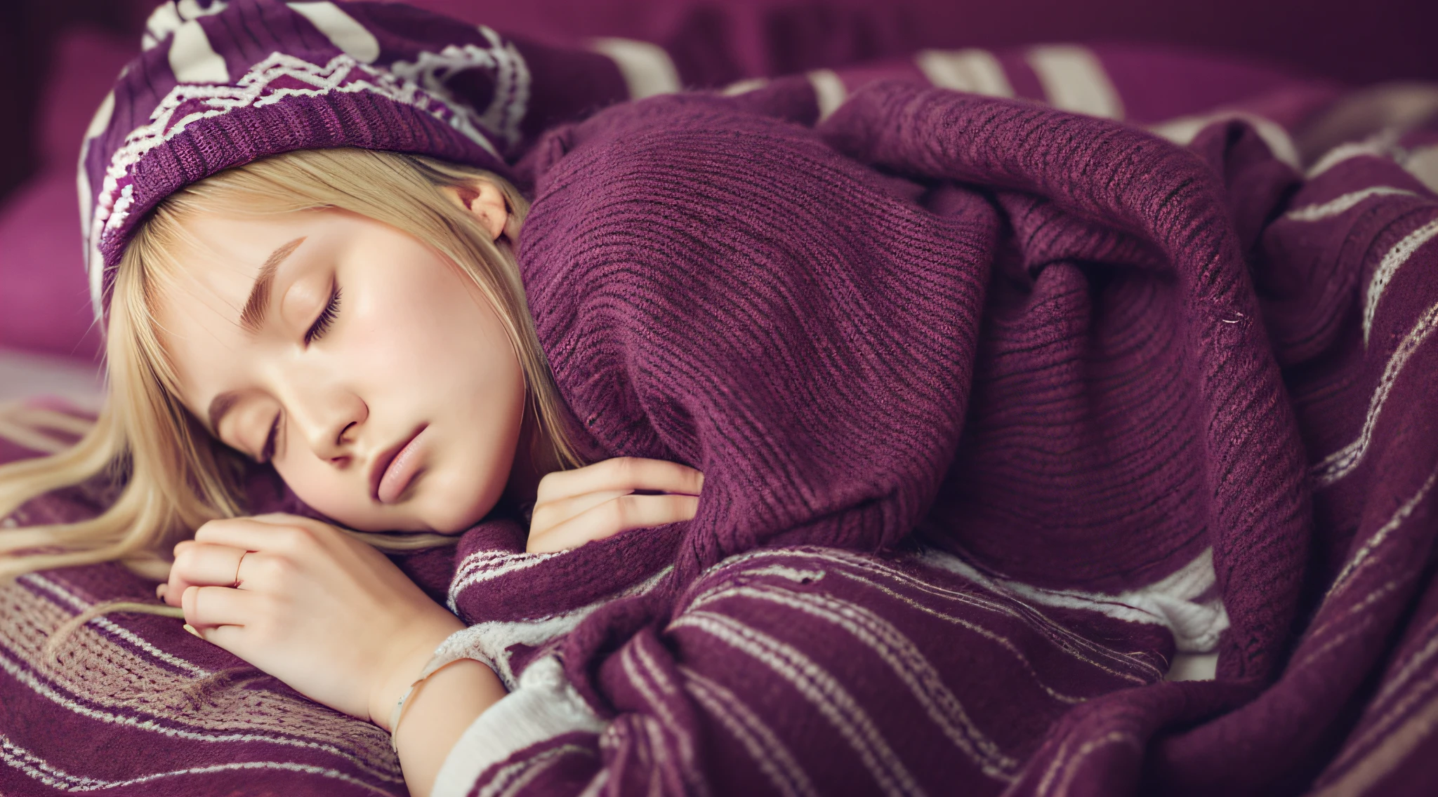 GIRL BLONDE CHILD with long hair wearing a scarf and a hat, sleepy fashion model face, sleepy, sleepy expression, Marisa Kirisame, wearing scarf PURPURA cute, prettier, sleeping, sick with a cold, Lalisa Manobal, Misa Amane*, very tired woman, sleeping, Takeyuki Kanda, Lalisa Manoban of blackpink