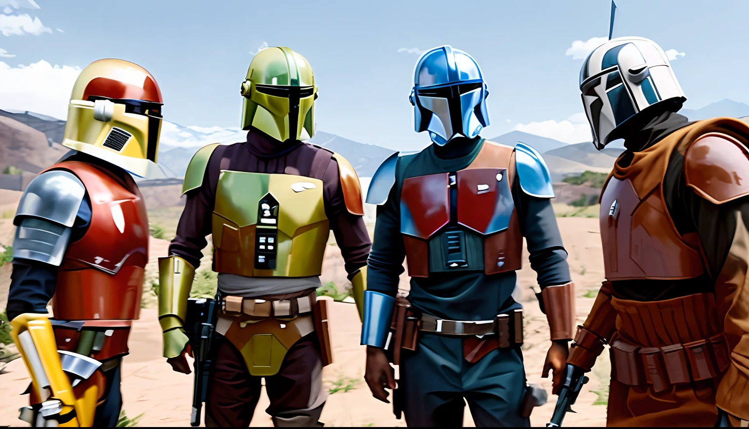 Three men in Star Wars costumes stand in a row, from The Mandalorian (2019), Mandalorian armor, still from The Mandalorian Show, The Mandalorian, The Mandalorian in GTA V, Mandalorian, clones, black armored uniform, dressed in black body armor, wearing imperial equipment, imperial military, highly realistic image