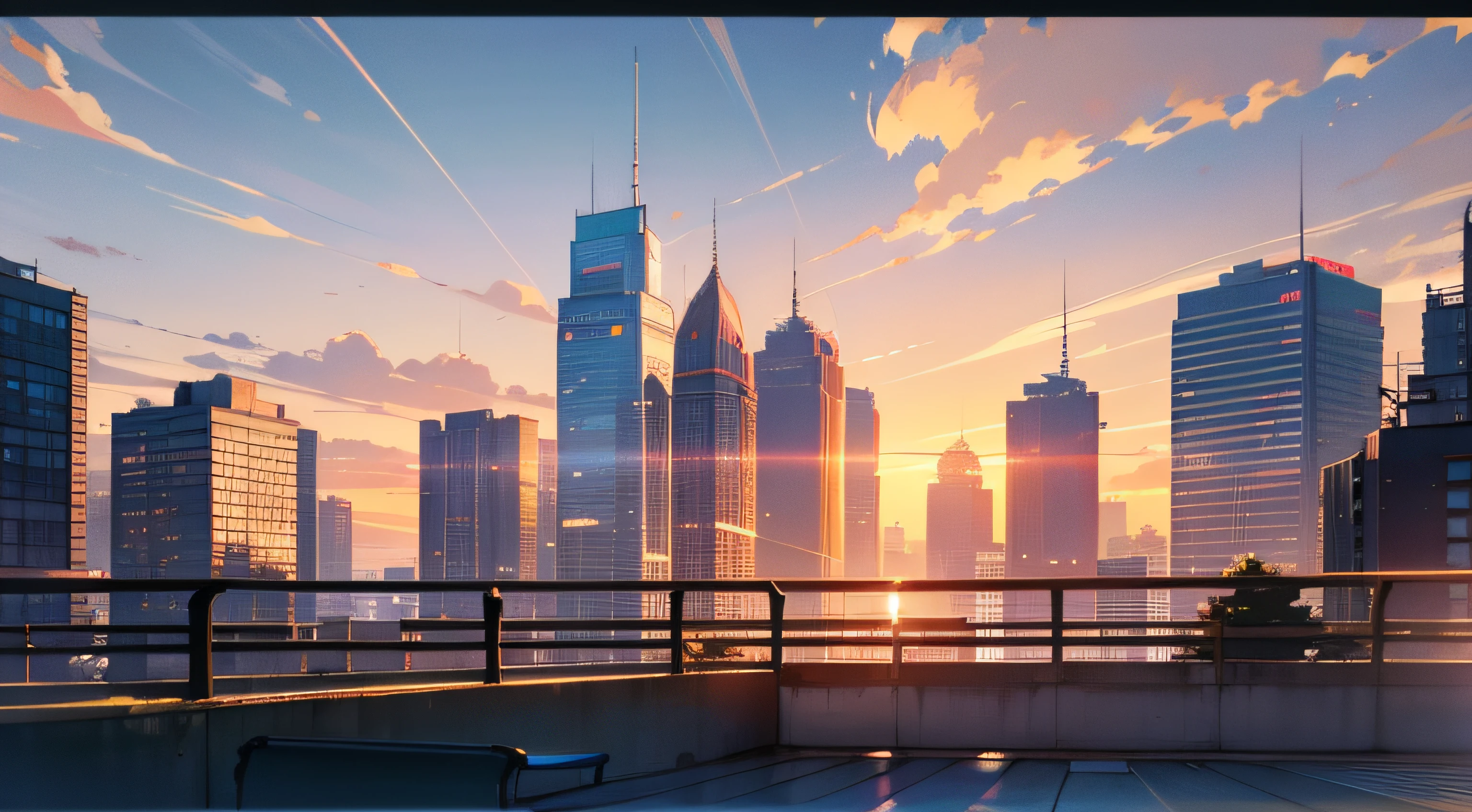 School rooftop, sunset, cityscape, silhouettes, vibrant colors, soft light, dramatic shadows, dappled lighting, serene atmosphere, calm, empty, distant skyscrapers, sunset hues, golden hour, anime wallpaper, highly detailed, railings and benches on the rooftop