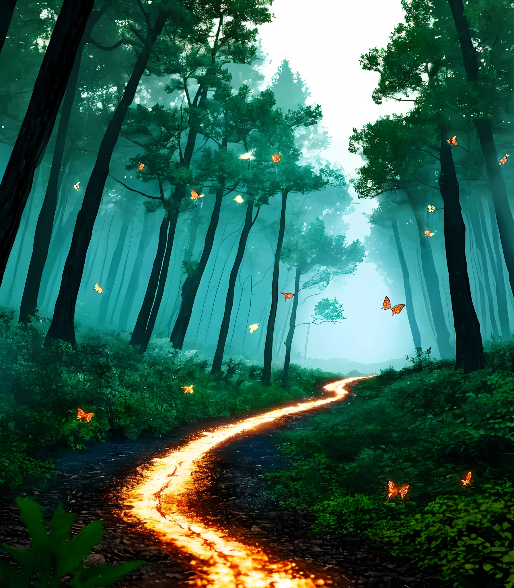 A forest with two trees on the edge of an abyss, with fairy butterflies and fireflies around them